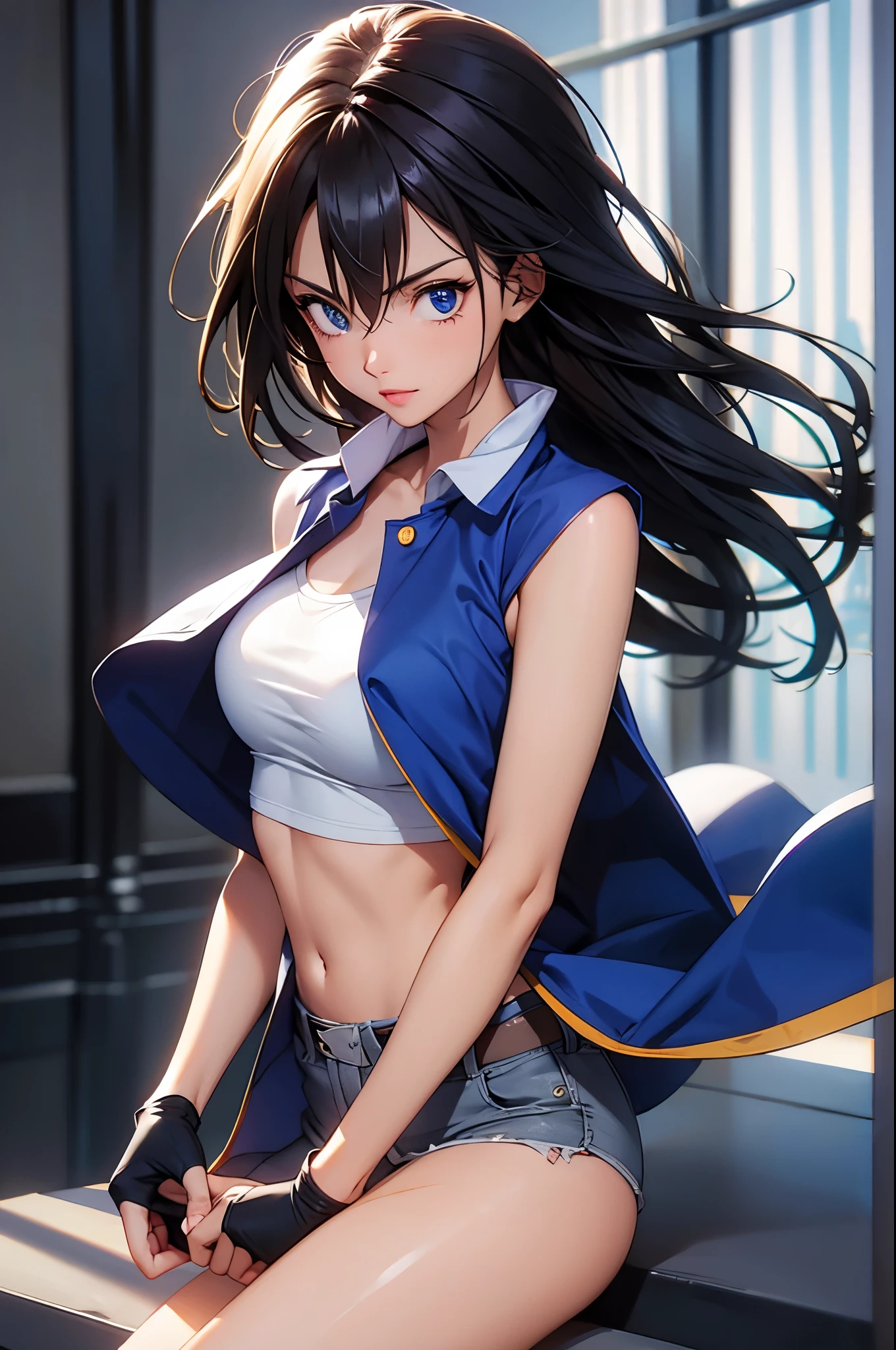 (masterpiece, best quality:1.2), expressive eyes, perfect face, highres, 1girl, solo, (female:1.5), OGAshK, blue jacket, sleeveless jacket, shirt, short sleeves, pants, fingerlss gloves, standing, upper body, looking at the viewer
