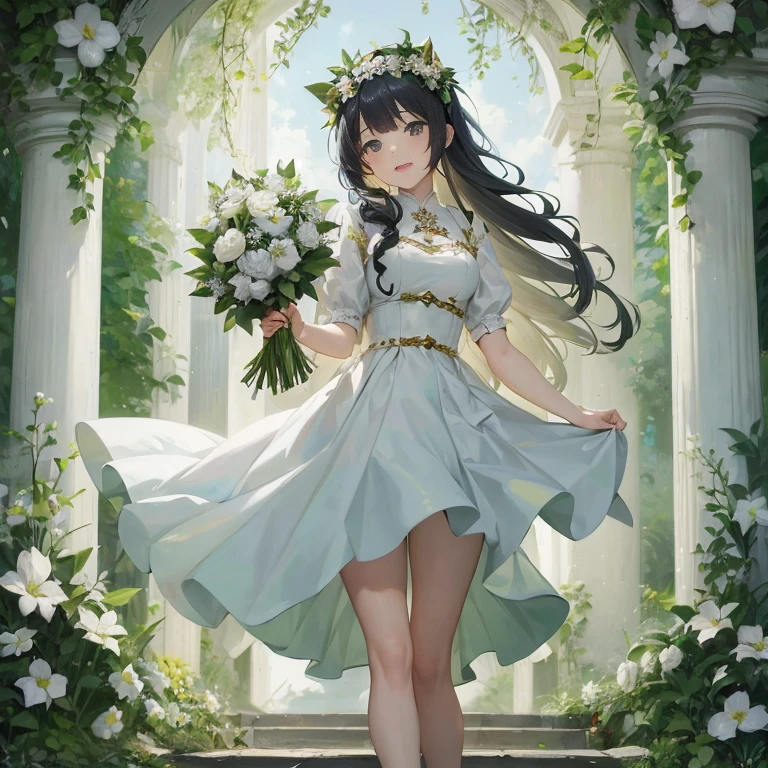 anime girl in a white dress holding a bouquet of flowers, hestia,  in dress, cute anime waifu in a nice dress, guweiz on pixiv artstation, guweiz, goddess of spring, beautiful maiden, the goddess hestia, guweiz masterpiece, persephone in spring, guweiz on artstation pixiv