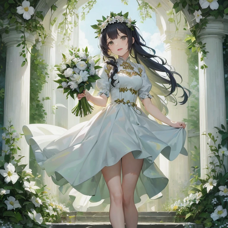 anime girl in a white dress holding a bouquet of flowers, hestia,  in dress, cute anime waifu in a nice dress, guweiz on pixiv artstation, guweiz, goddess of spring, beautiful maiden, the goddess hestia, guweiz masterpiece, persephone in spring, guweiz on artstation pixiv