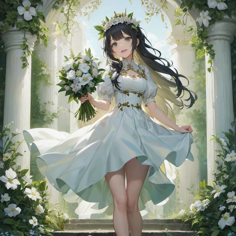 anime girl in a white dress holding a bouquet of flowers, hestia, in dress, cute anime waifu in a nice dress, guweiz on pixiv artstation, guweiz, goddess of spring, beautiful maiden, the goddess hestia, guweiz masterpiece, persephone in spring, guweiz on artstation pixiv
