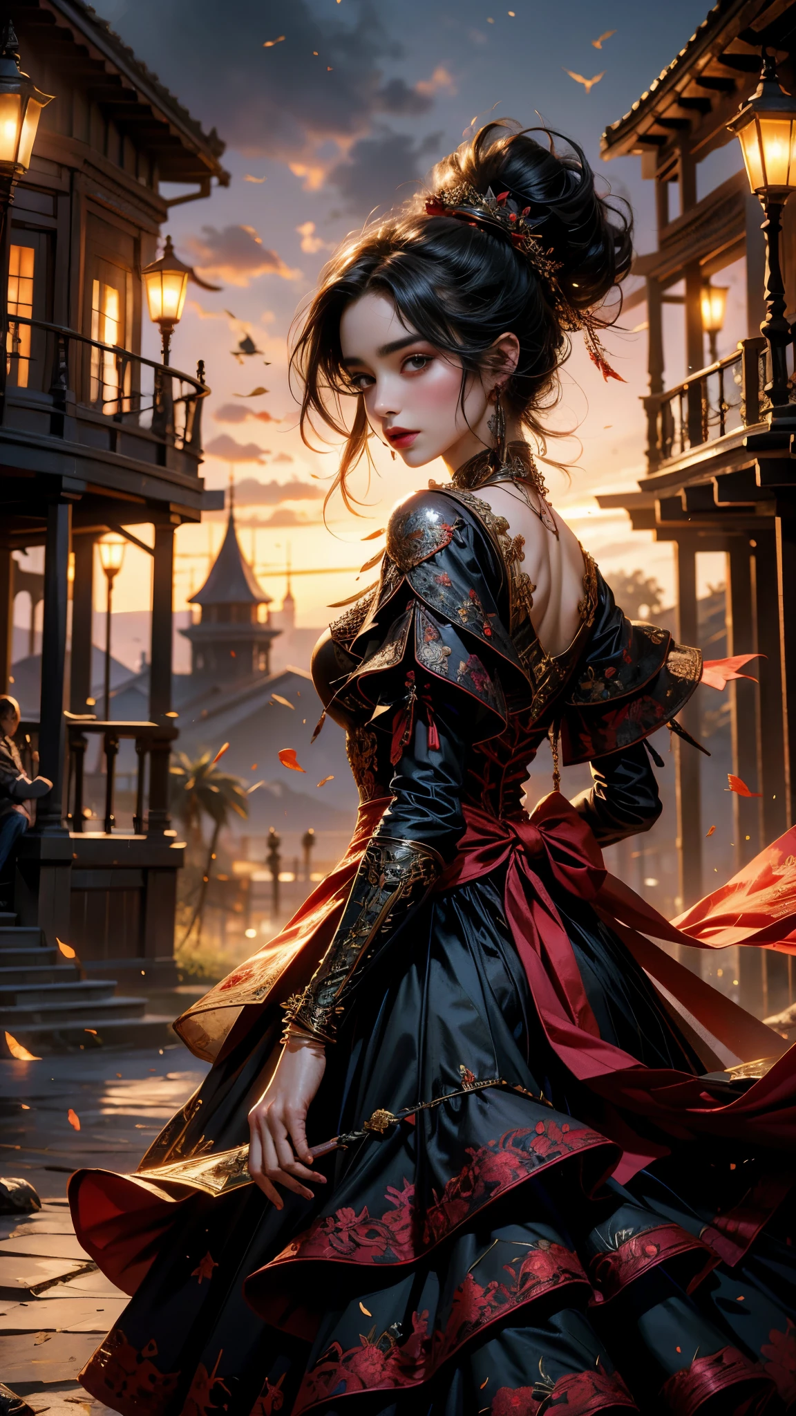HD Art by Citemer Liu:

Lily Collins, with her raven-black curly hair cascading down her shoulders, dons a red hood adorned with intricate embroidery. Clad in medieval attire, her dress flows gracefully as she strides towards the arena, a bow and arrow in hand. The illustration captures every detail of her outfit, from the layered fabric to the authentic stitching. The scene exudes a vibrant and smooth aesthetic, with the HD art bringing out the rich colors and textures. The arena landscape is filled with bleachers, their wooden structures meticulously rendered, and an eager audience watching intently, their eyes reflecting