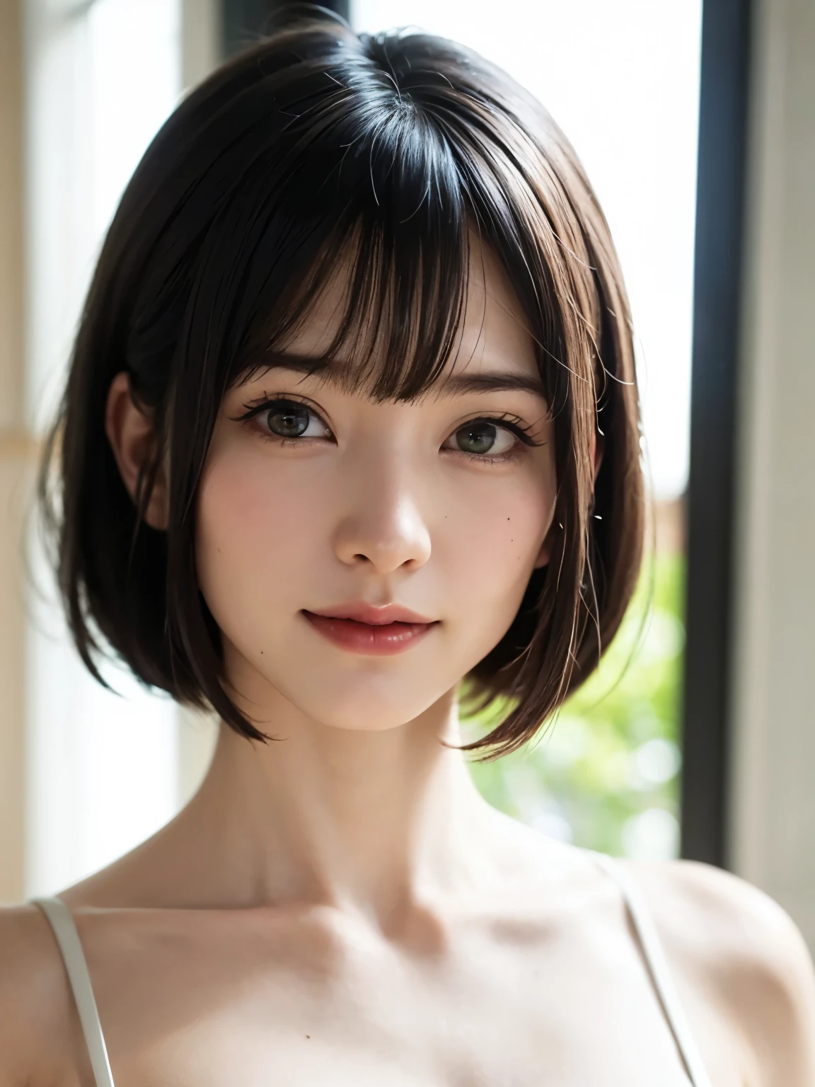 1 girl、highest quality、Realistic、alone、Written boundary depth、Natural soft light、Daytime、charm、Beautiful Face、Cleanliness、Pure Face、White skin、cute、short hair、bright hazel eyes:1.6、Beautiful Lips、bangs、Beach、Light of the sun、Nedium Breast Body Esbian、((黄金比のBeautiful Face、 対称性のあるBeautiful Face))、Long neck、show me your ears、Stick out your ears。bangsのあるきれいな短いボブヘア、smile with your mouth closed、Perfect hands指、Perfect hands、Perfect body、Perfect Face、Shine a light into your eyes、Perfect Anatomy:1.6、とてもcuteスーパーモデル:1.6、{Huge|big|Hugeな|Mega} chest, chestの谷間、smile:1.6、Very beautiful teeth:1.6