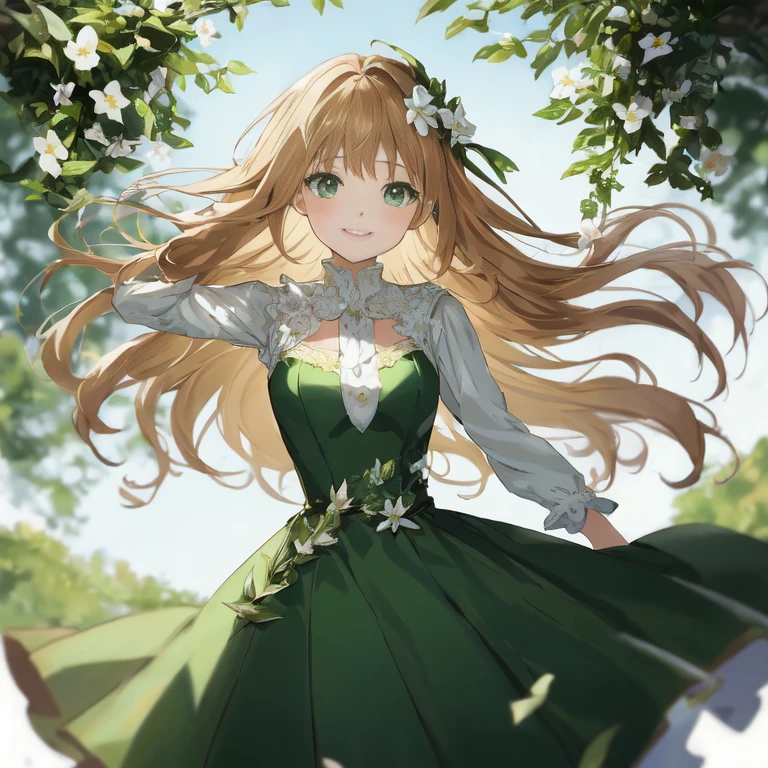 anime girl in green dress with long hair and flowers in her hair, in dress, cute anime waifu in a nice dress, beautiful anime girl, beautiful anime portrait, blonde anime girl with long hair, anime girl with long hair, pretty anime girl, anime visual of a cute girl, beautiful anime, cute anime girl, marin kitagawa fanart, (anime girl)