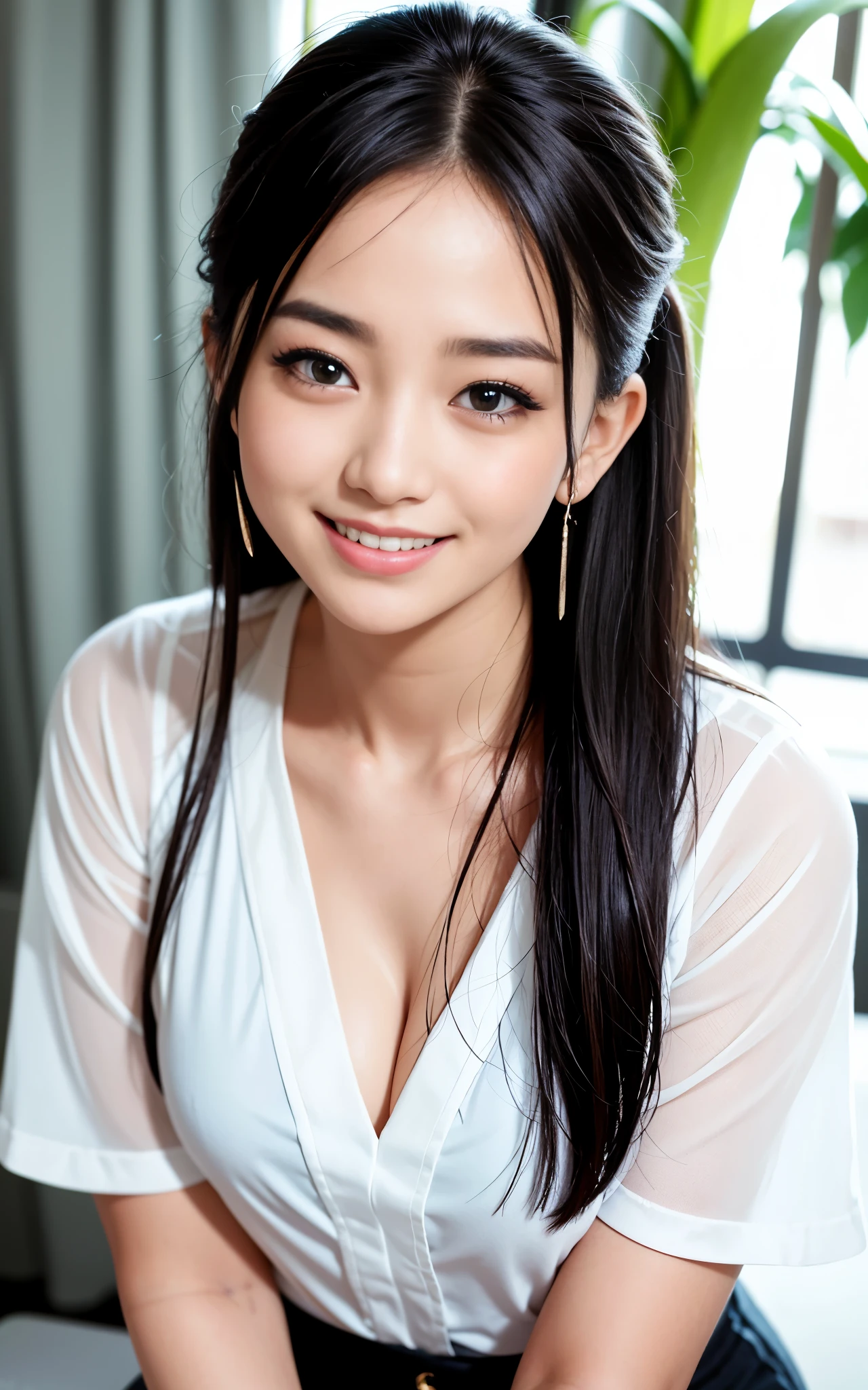 highest quality, figure, Ultra-detailed, finely, High resolution, 8K Wallpaper, 完璧なダイナミックな構figure, Beautiful Skin, (Big Eyes), 20 year old beautiful girl, Natural color lip, (Sexy pose), Mid chest, smile, Highly detailed face and skin texture, Detailed eyes, Double eyelid,leaking teeth and laughing, close-up, Black hair ponytail, (White blouse:1.2), Beautiful views