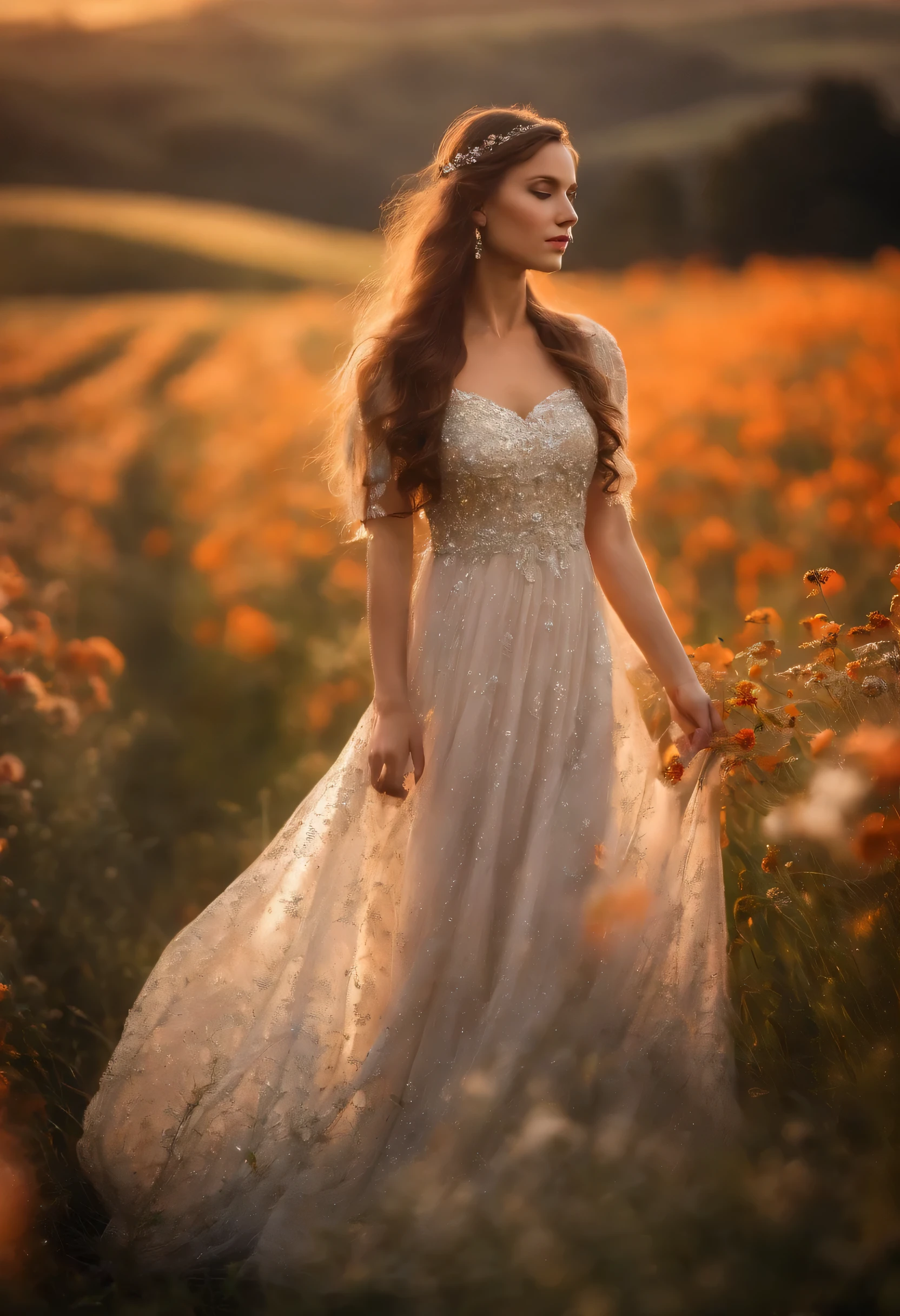 Portrait of a girl in a very long dress, das auf einem Feld mit leuchtenden Blumen tanzt, Sterne, Schmetterlinge, Grasrealismus, beautiful lighting, Magie, Fantasie der Silberzeit, Foto