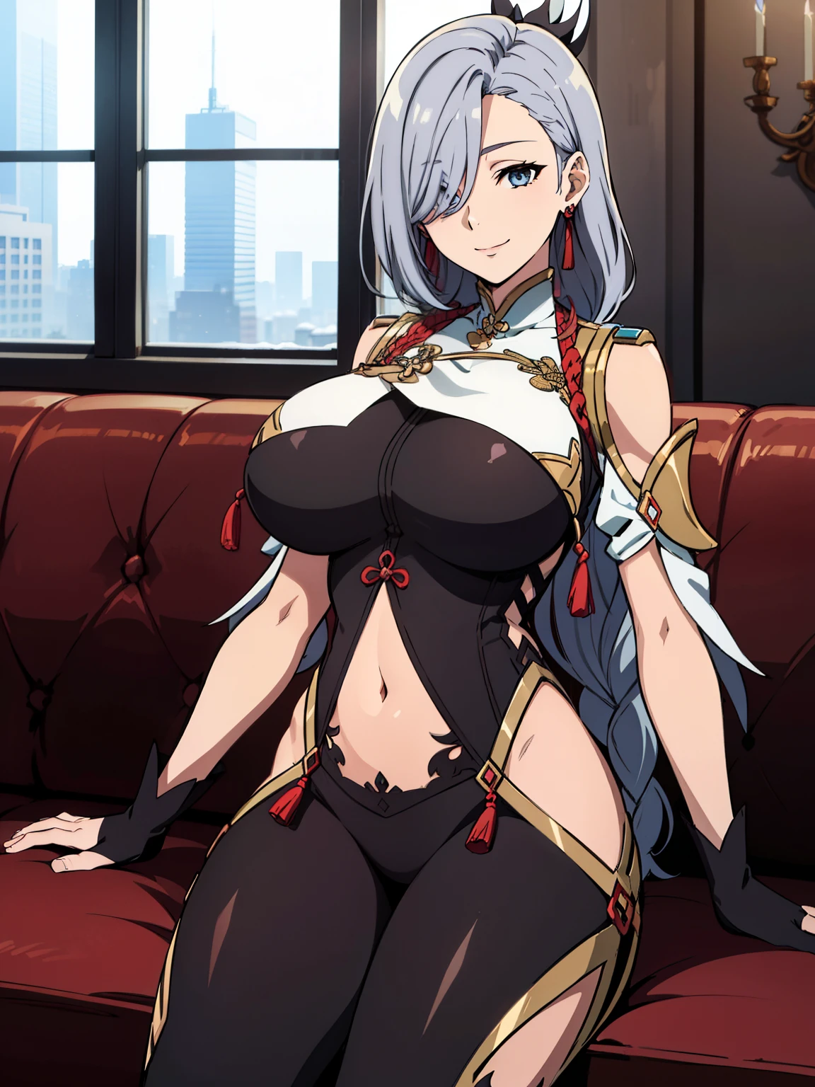 sitting on luxury sofa, grabbing breasts with arms pose, earrings, braided ponytail, puffy sleeves, gold trim, gloves, bodysuit, breast curtain, shoulder cutout, (covered navel), hip vent, clothing cutout, tassel, (luxury livingroom background), window, snowy city view, ShenheV4, anime cels style, best quality, high resolution, 1girl, (huge breasts:1.2), beautiful face, grey hair, long hair, hair ornament, hair over one eye, blue eyes, cowboy shot, smiling