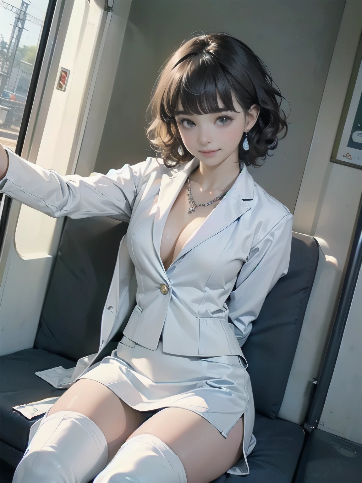 ((((highest quality))))、(((Ultra-precision CG16K wallpaper)))、(((masterpiece)))、(((Super detailed)))、(((Extreme detail)))、((１Mature 24 year old woman:1.3))、((Very beautiful Japanese faces))、((Shiraishi Mai:1.3))、((Soft Wave Medium Hair、blunt bangs:1.5))、(Shiny brown hair)、Beautiful delicate eyes、Brown eyes、High nose、Small nostrils、Small Mouth、Seductive lips、Beautiful breasts、((C cup size breasts))、Cleavage、Voluptuous body、Perfect proportions、Perfect Anatomy、Perfect composition、Beautiful detailed shading、Beautiful, natural lighting、Beautiful detail glow、Depth of written boundary、(((High chroma)))、(((Real:1.9)))、((vivid:1.5))、((Beautiful Skin))、((Skin Texture))、((Realな皮膚感))、(((Cowboy Shot:1.6)))、((Front view、Front low angle:1.5))、((Shy laugh:1.5))、(The woman is facing this way:1.5)、Bright daylight、Natural light、(((sit in a train seat:1.6)))、(sitting pose:1.5)、(((White business suit、White slit miniskirt clothing:1.6)))、((Earrings、Wearing a necklace:1.3))、(((Wearing white knee-high boots:1.6)))、