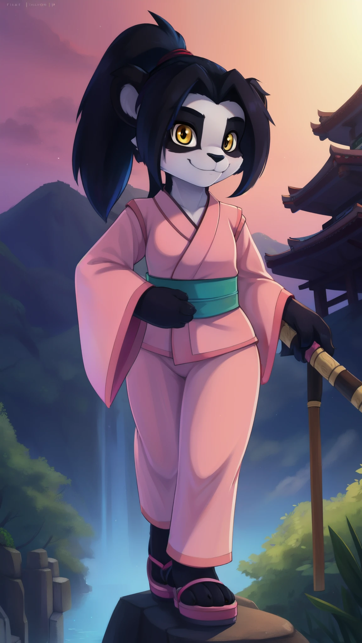 full-length_portrait, Li li Stormstout, pandaren, young, small breasts, black hair, long ponytail, yellow eyes, detailed face, detailed eyes, detailed body fur, glistering body, shiny body, gorgeous body, masterpiece, full body, feets whit three toes, ((pink kimono, pink kimono pants, black flip flops)), looking at you, japanese temple, clear sky, full body, feets with three toes, 3 toes, standing, smile, masterpiece, best quality, skinny, holding a monk staff, blue small dragon spirit,