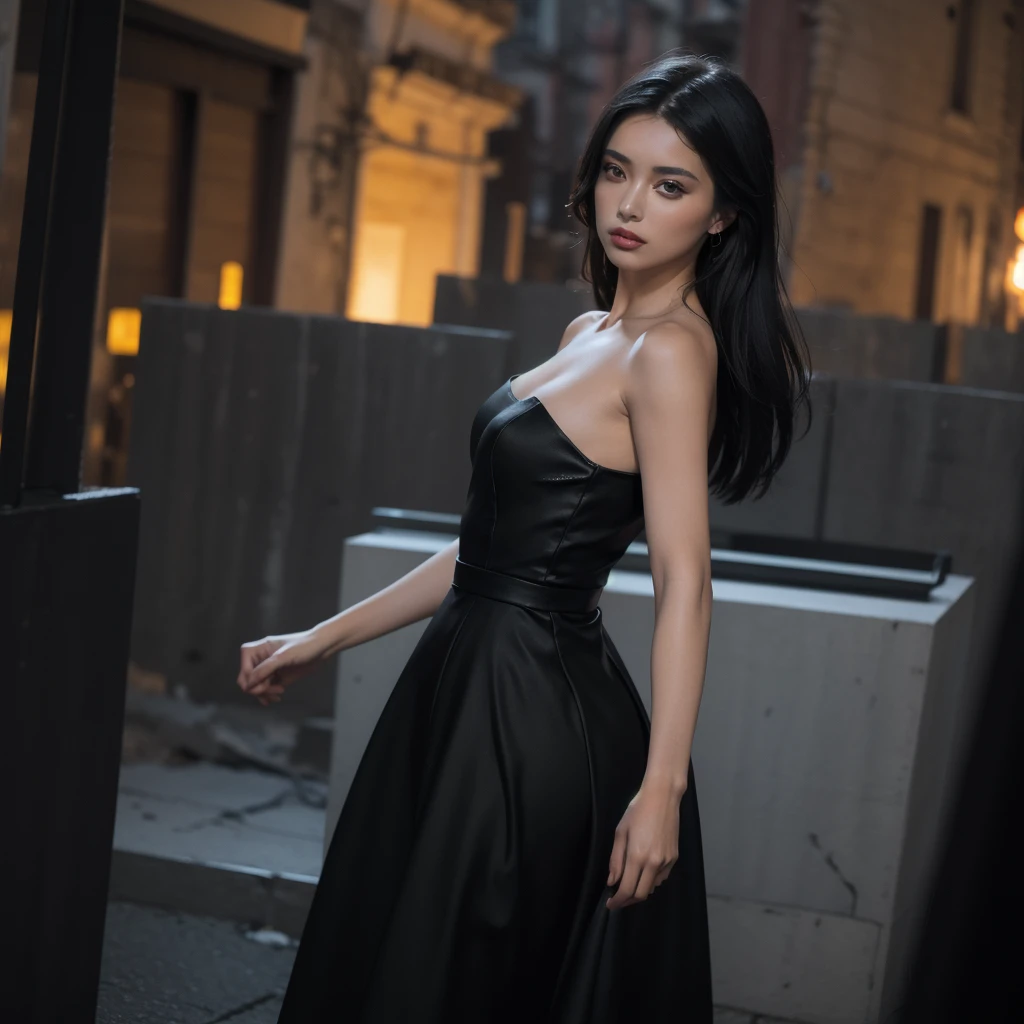 19 year old Asian girl, Hip-length hair, black, shiny and soft, with a fringe, long, pale skin, perfect face, perfect lips, bright brown eyes, perfect body, with a demonstrative tight black dress, while the girl posed on the balcony of her dark mansion