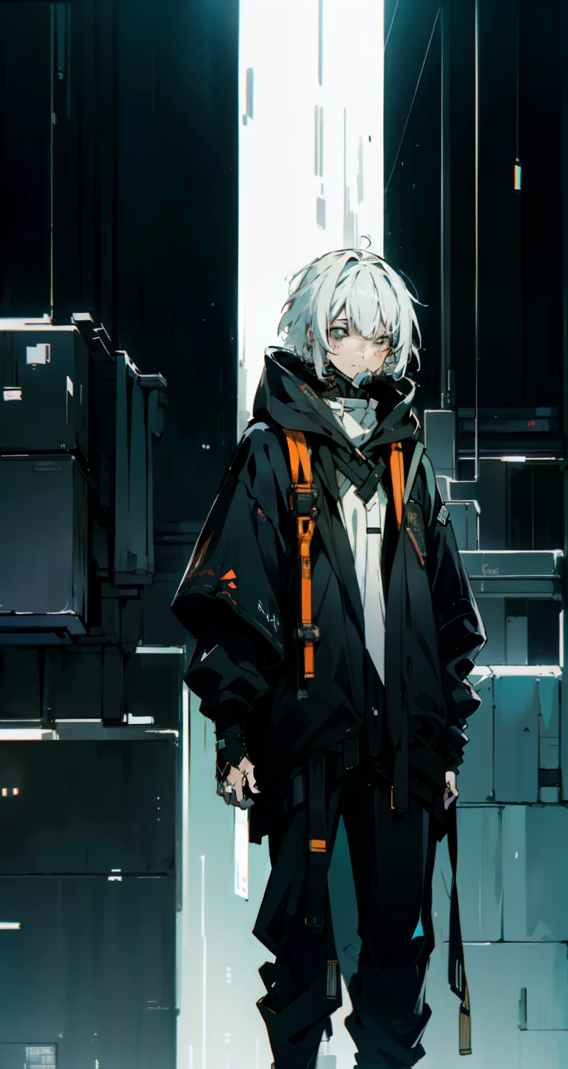 Boy, short hair, wearing cyberpunk hoodie, white hair, standing on top of a tall building where the whole city is visible, night time,high angle view,clear,definite,intelligible,unequivocal,perceptible,manifest,limpid unmistakable,noticeable,unblurred,itemized,particularized; exhaustive,thorough,comprehensive,detailed face,great art,amazing art,amazing skill,incredible skill,wonderful art,amazing artwork,fantastic art,incrediblegraphics,mind blowing creativity,stunning masterpiece