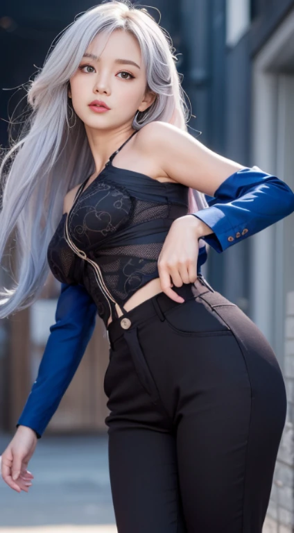 Anime Style，White skin，White colored hair，look up，The biggest，Famous，Color gas representation，Alluring large breasts，woman，High Frequency Details(((sharpen))), ((Sharp focus:1.2)), Purelos Face_V1:0.7), (8K, highest quality), Very large breasts部照明))), Beautiful illuminations, Highly detailed face, Well designed hands, Highly designed legs, Well drawn feet, Exposing the breasts,(Masterpiece:1,2), highest quality, Masterpiece, High resolution, original, Highly detailed wallpaper， Anime Style、(((Sharpness)))、((Sharp Focus: 1.2 ))、Pueros face_V1: 0.7)、(8K、highest quality)、Very large breasts)))、、Highly detailed face、well drawn hands、Sexy Legs、Well designed feet、Exposed breastasterpiece: 1,2)、highest quality、masterpiece、High resolution、original、Highly detailed wallpaper、黒のsuitのパンツ、だぶだぶのBlack Pants、Black Pants、Costume: leader、Black sticky pants、J.K.i)}]、Baggy pants、tie、黒tie、suit