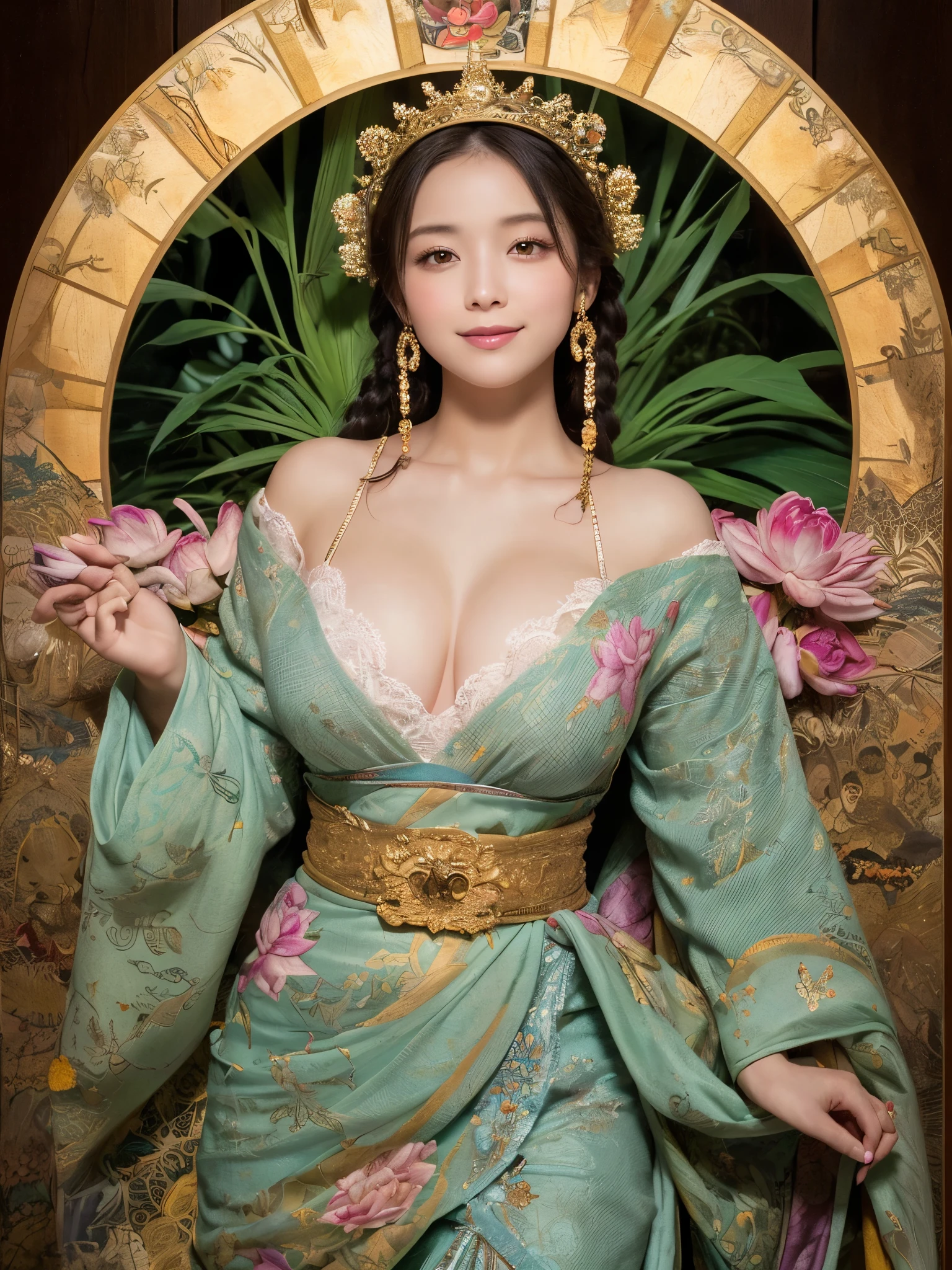 High resolution symmetrical images, Japanese film photo of a woman with colorful tattoos on her waist, chest and arms, Big mouth cleavage、(((Full body tattoos)))、 Large tattoo on the chest、
(Lotus tattoo)、 (close up chest, Underarm, 胸のAngle from below), blonde braids, short hair, ((Art Nouveau)), (Ecstasy Face), (Alphonse Mucha), Small earrings, ((on the road, wood, Buildings in medieval Europe)), Angle from below、(Anatomically correct)、(Perfect body proportions)、(Natural Hands、Natural Fingers)、(Breast Goddess, Woman born from flowers, ((Round face)), Realistic Eye Size, Droopy eyes, smile,I'm bathed in dazzling light