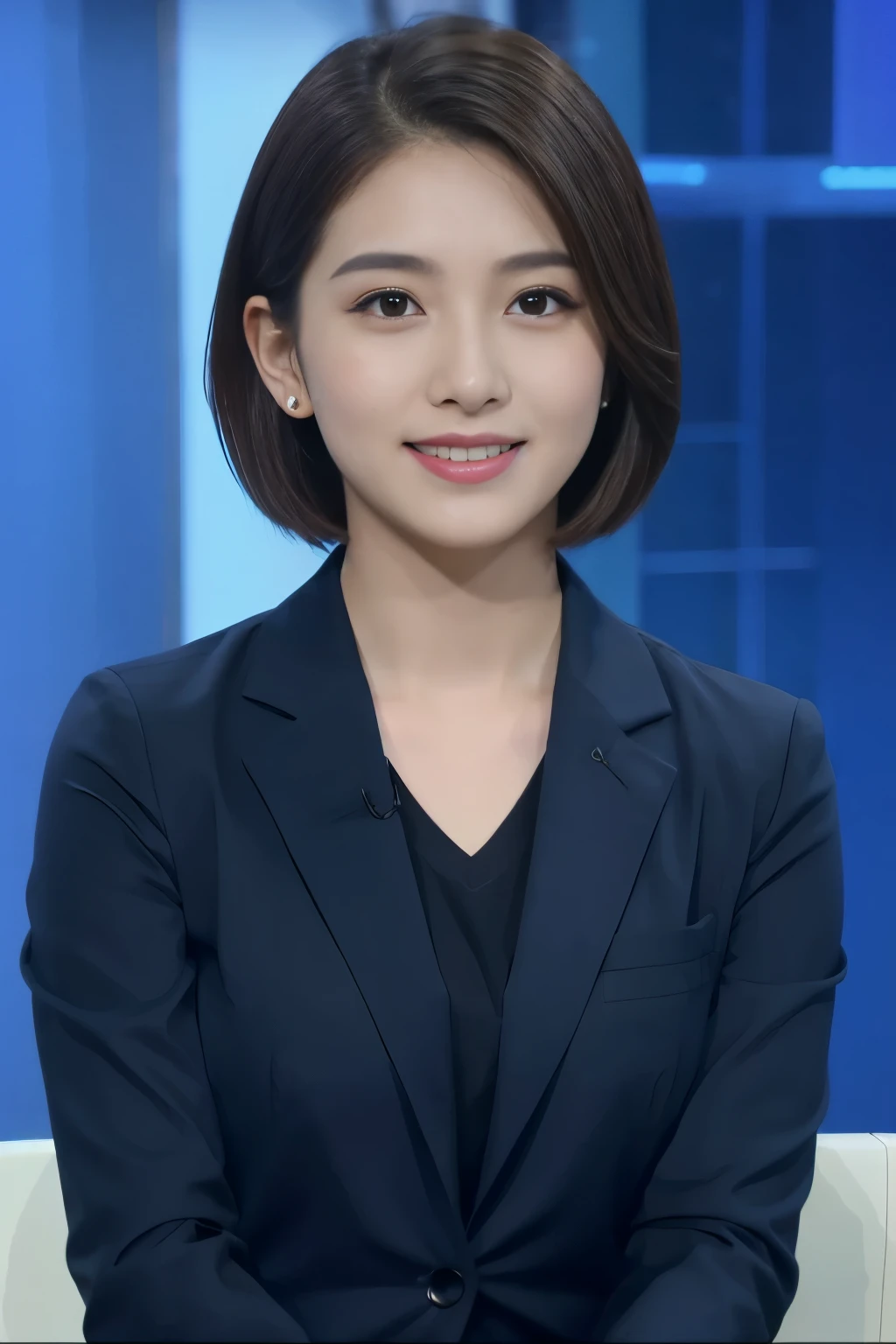 Highest image quality、Ultra-high resolution、1 girl、Pretty Face、short hair、The announcer wore a tight long-sleeved suit、sitting in the studio、newscaster