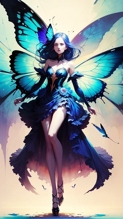high details, best quality, 16k, RAW, [best detailed], masterpiece, best quality, (extremely detailed), (full body: 1.2), ultra wide shot, photorealistic, dark fantasy art, gothic art, an award winning photoshoot picture of an a dark vampiric fairy, exquisite beautifully fairy, ultra feminine, ultra detailed face,  red skin, black hair, glowing yellow eyes, black and red butterfly wings, wearing  clinging intricate details blue dress, wearing high heels,  walking on a fashion the (wood catwalk on the runway of a famous fashion show: 1.1), model fashion show background,  High Detail, Ultra High Quality, High Resolution, 16K Resolution, Ultra HD Pictures, Ultra Realistic, Clear Details, Realistic Detail, Ultra High Definition
