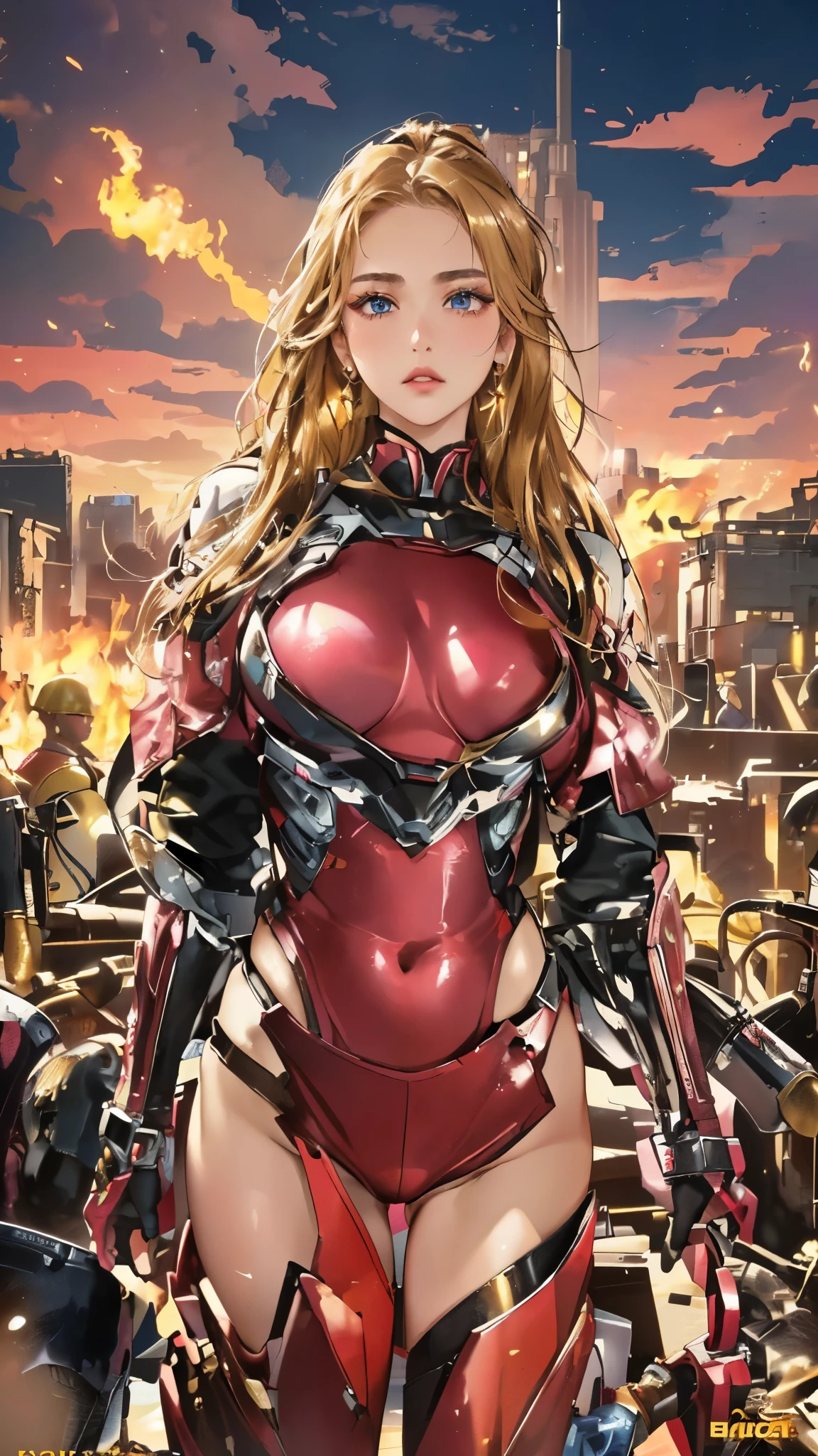 (8K、Raw photography)、(1girl in:1.3)、Look at viewers、(exoskeleton suit、Maven、Average Height、Toned waist、Round face、Olive skin、Brunette hair、Blue eyes、a blond、straight haired、wavy straight hair、(C cup with firmness)、(small and beautiful pink ,,,)、(Various poses)、(battle field)、(Flames rise)、Threader earrings、Golden、Matte lipstick、(Big cities of the near future)、(​masterpiece、top-quality、Detailed shiny skin:1.2)、