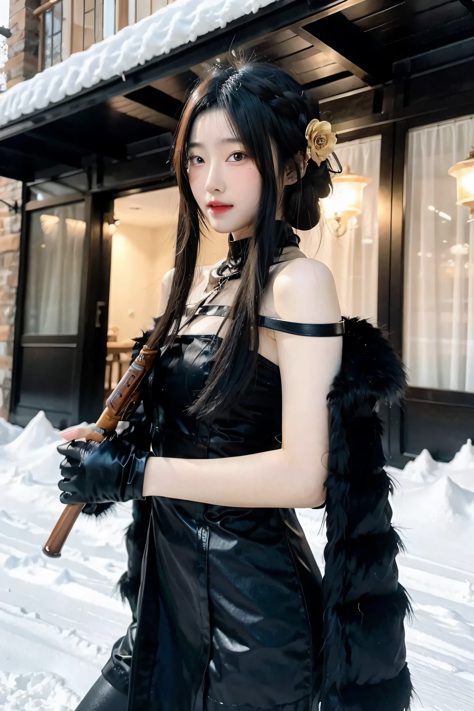 Huntress girl holding a rifle in snow battle pose,oriental,Blade and Soul,ink style,long red hair,leather and fur coat,Cold,Artwork,3D,4K,Detailed,Realistic