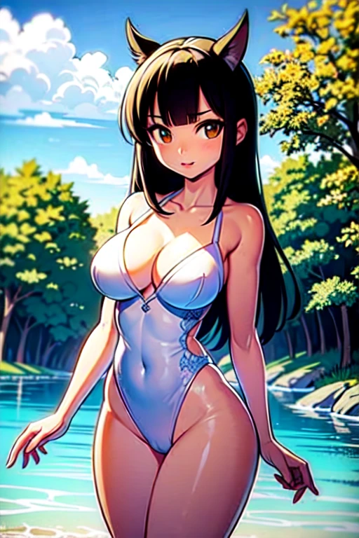 ((obra maestra))((cartoon))((2d))((classic cartoon))((sexy girl)) Tiene un traje de conejo de latex ajustado que resalta demasiado su figura tambien viste unas mayas de red negras unas orejas de conejo, su cabello es largo su busto es generoso al igual que sus caderas y sus ojos son azules como el agua del manantial mas puro es una belleza total 