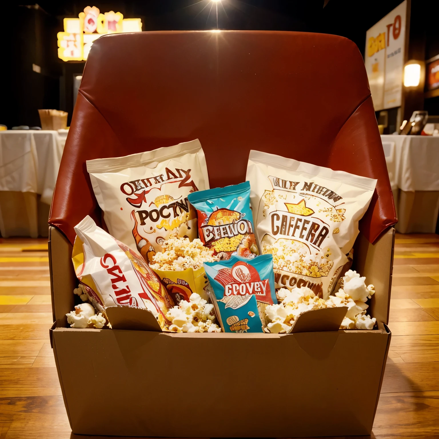 popcorn package, colorful paper box, delicious aroma, buttery flavor, movie snack, salty and crispy, cinema experience, sharing with friends, movie night, crunchy sensation, enjoying a film, entertainment