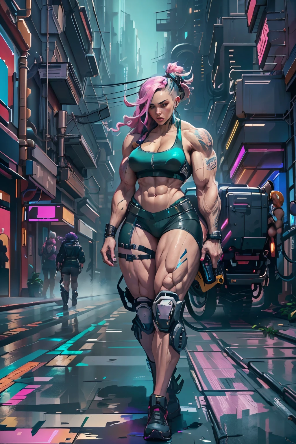((full body image)), ((best quality)), ((masterpiece)), (detailed), ((very muscular)), bodybuilder, very muscular legs, very big breasts, cyberpunk young woman, walking on the streets, pink and blue long hair. cyberpunk style