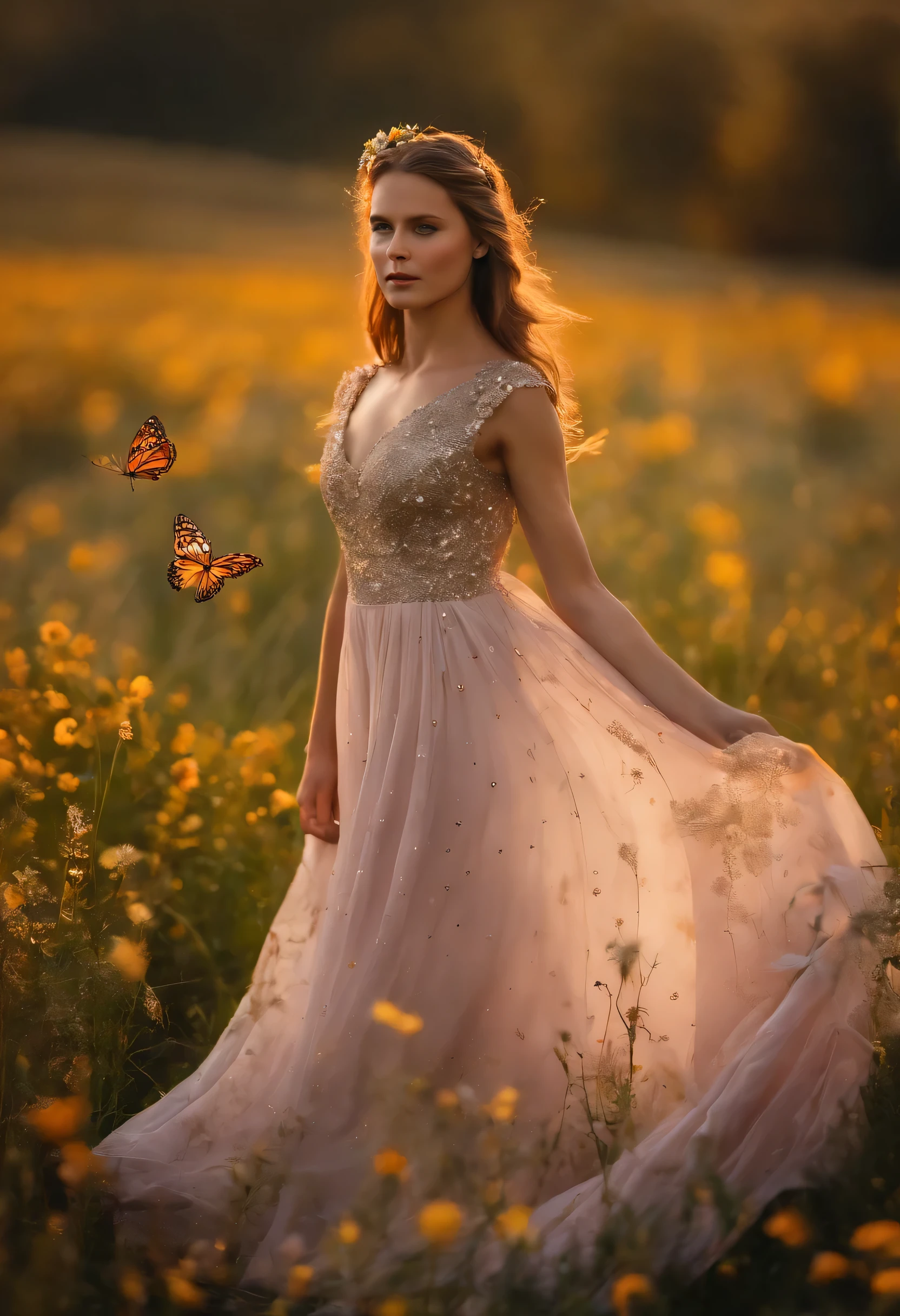 Portrait of a girl in a very long dress, das auf einem Feld mit leuchtenden Blumen Sterne, Schmetterlinge, Grasrealismus, beautiful lighting, Magie, Fantasie der Silberzeit, Foto