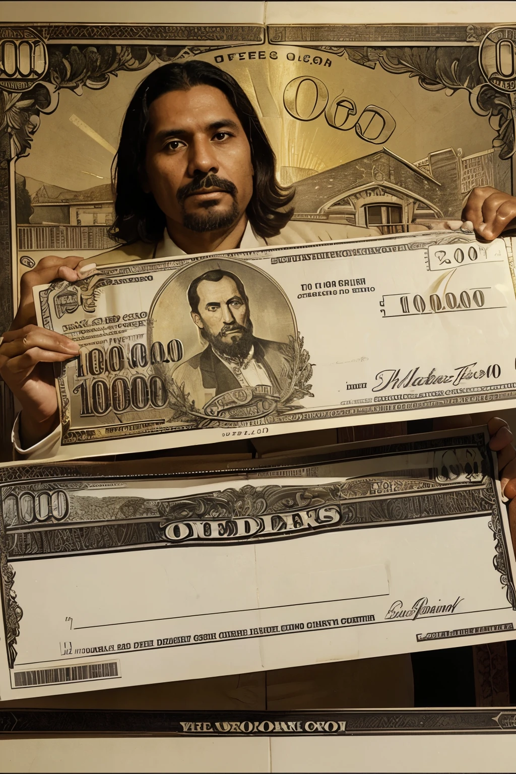 I want an image of a check for 100,000 dollars in the name of Jesus Martinez Tenorio, I want the image to be gold, an old money style