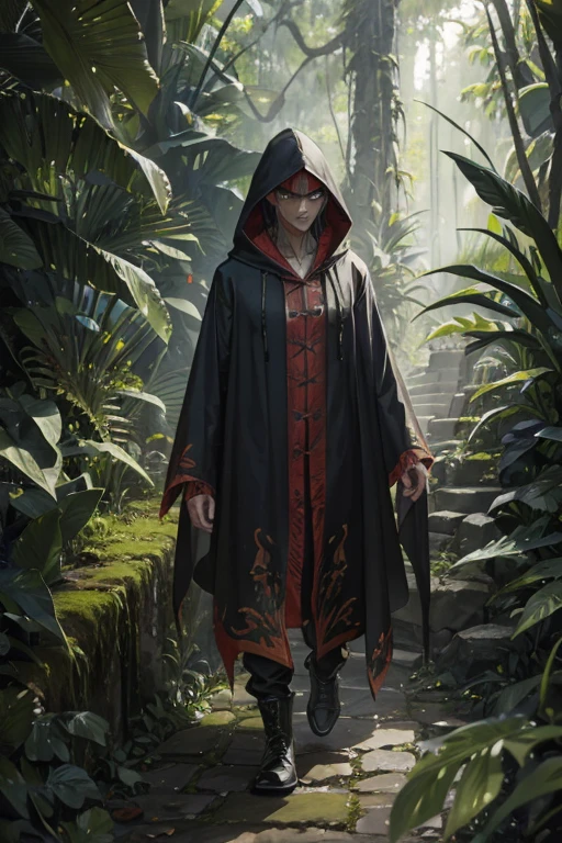 menacing reptilian sneaking around dressed in tattered hooded cloak, rainforest