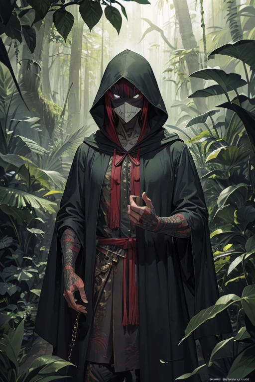 menacing reptilian sneaking around dressed in tattered hooded cloak, rainforest
