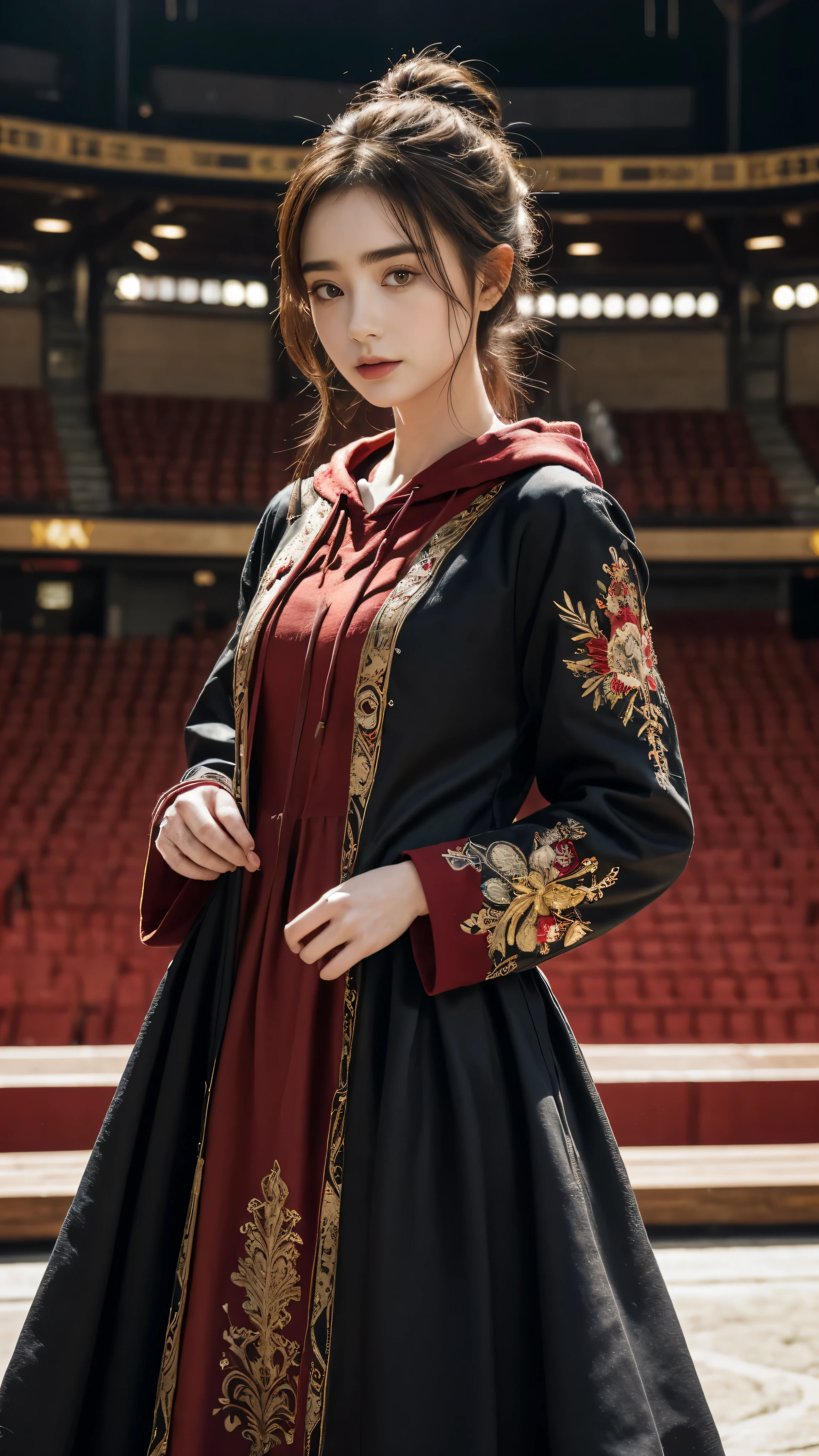 Citemer LiuによるHDアート: Lily Collins is、Her raven-black curls hang down over her shoulders.、Wearing an intricately embroidered red hoodie。She is dressed in medieval attire, her dress flowing gracefully.、Stride towards the arena with bow and arrow in hand。The illustration is、From layered fabrics to authentic stitching、It captures the details of her outfit.。This scene、HD art brings out rich colors and textures、It exudes a vibrant and smooth aesthetic.。The arena was filled with spectator seats.、Its wooden structure is meticulously rendered、The enthusiastic audience stared intently、Its eyes are reflective