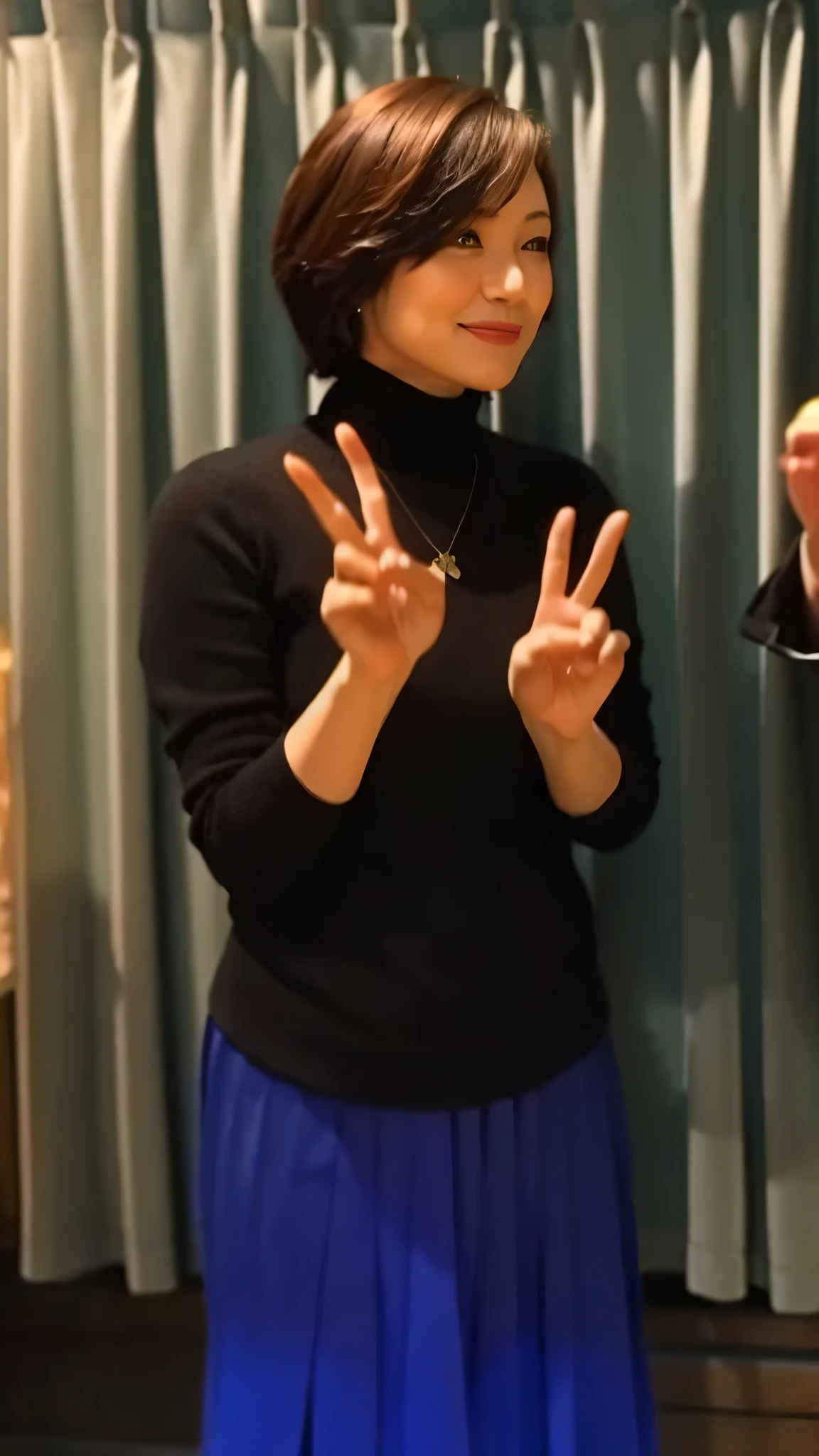 highest quality, masterpiece, High resolution, Dimly lit studio,one middle-aged woman, Beautiful and perfect face,asymmetric wavy short hair:1.2,Black turtleneck knit,Blue long pleated skirt, G-string, Peace sign with both hands, Intricate details, Cinematic feel, 8k, Very detailed,well-shaped breast bulge,green curtains,Indirect lighting in warm colors,