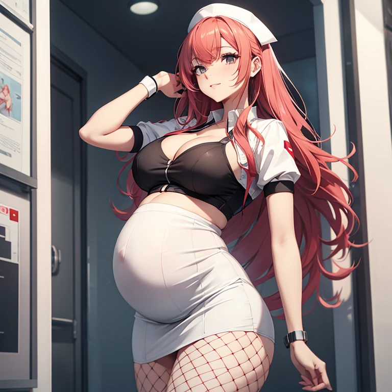 pregnant nurse, fishnet top, bare abdomen, white skirt, white leggings, long wavy bright red hair, narrow waist, cleavage