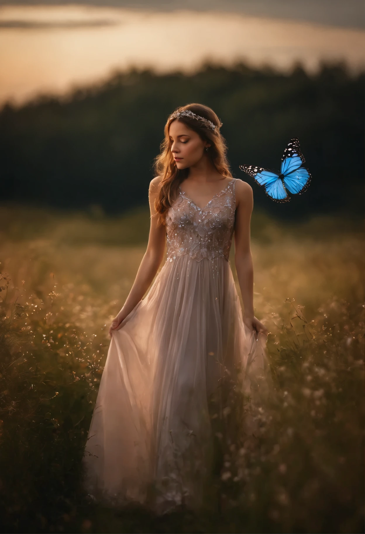 Portrait of a girl in a very long dress, das auf einem Feld mit leuchtenden Blumen Sterne, Schmetterlinge, Grasrealismus, beautiful lighting, Magie, Fantasie der Silberzeit, Foto