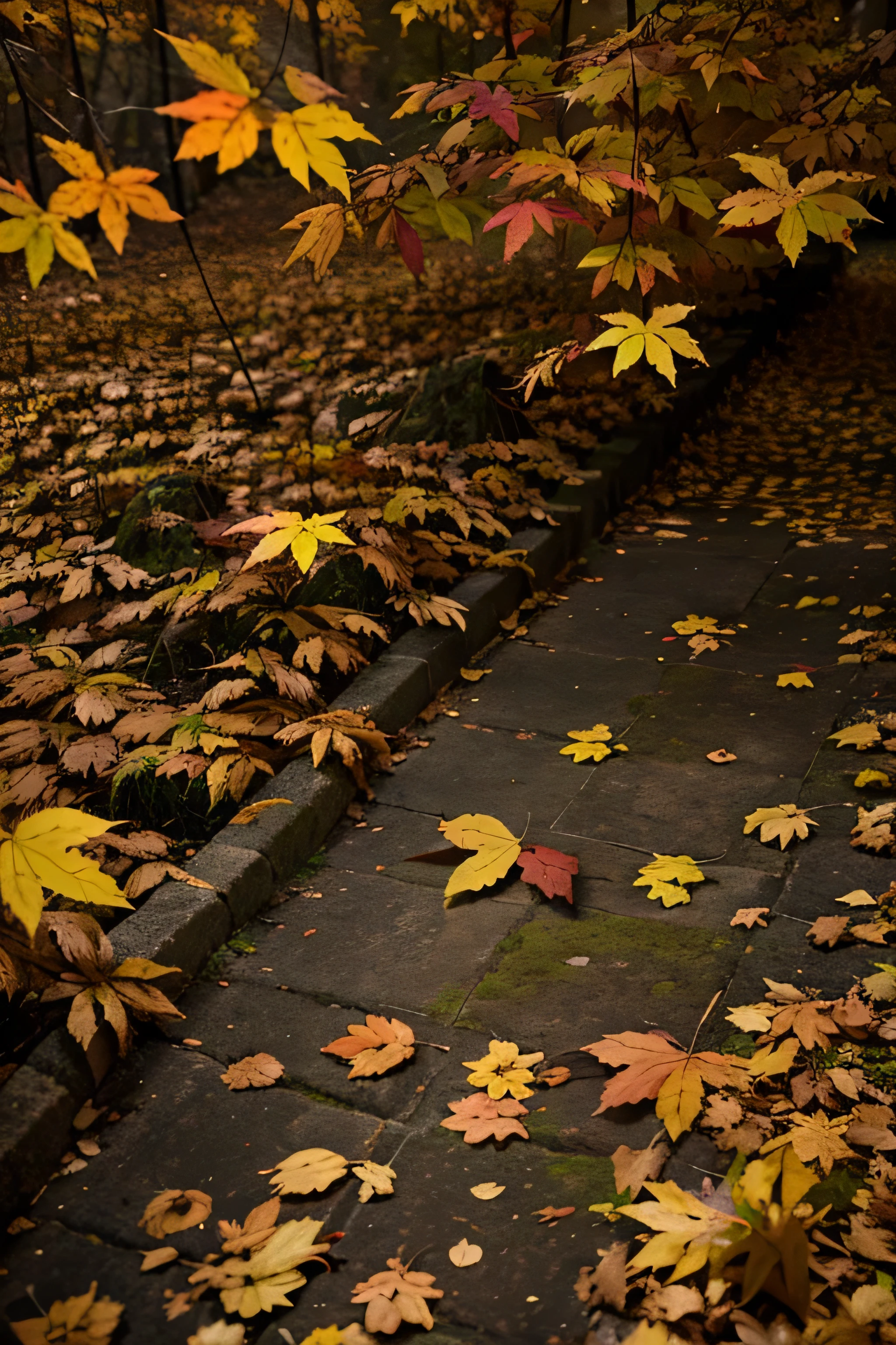 fondo con follaje de hojas de diferentes colores, autumnal, trasluz
