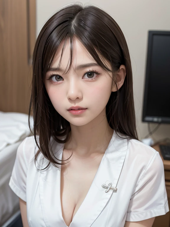 highest quality、professional writing、Detailed workmanship、High resolution、(8k, High resolution:1.2)、(RAW Photos, Realistic:1.3)、masterpiece、Slim figure、High resolutionの顔、the face is in focus、High resolutionの目、(Concentrated, Symmetrical pupils:1.2)、High quality and beautiful skin、Firm Skin、Natural Makeup、Gloss Lip, High-definition hair texture, cute, Japanese women、Unparalleled beauty、、short hair, nurse、nurse break (White nursing uniform、white nurse uniform:1.3) Resting in a hospital bed、Embarrassing behavior、(Embarrassing pose、Dynamic pose:1.3), very cute, (Very embarrassed:1.3), (blush:1.3), (I am afraid:1.3), (looking at the camera:1.3), Cleavage, I can see some nipples、Browsing Caution, Multiple Angles:1.3