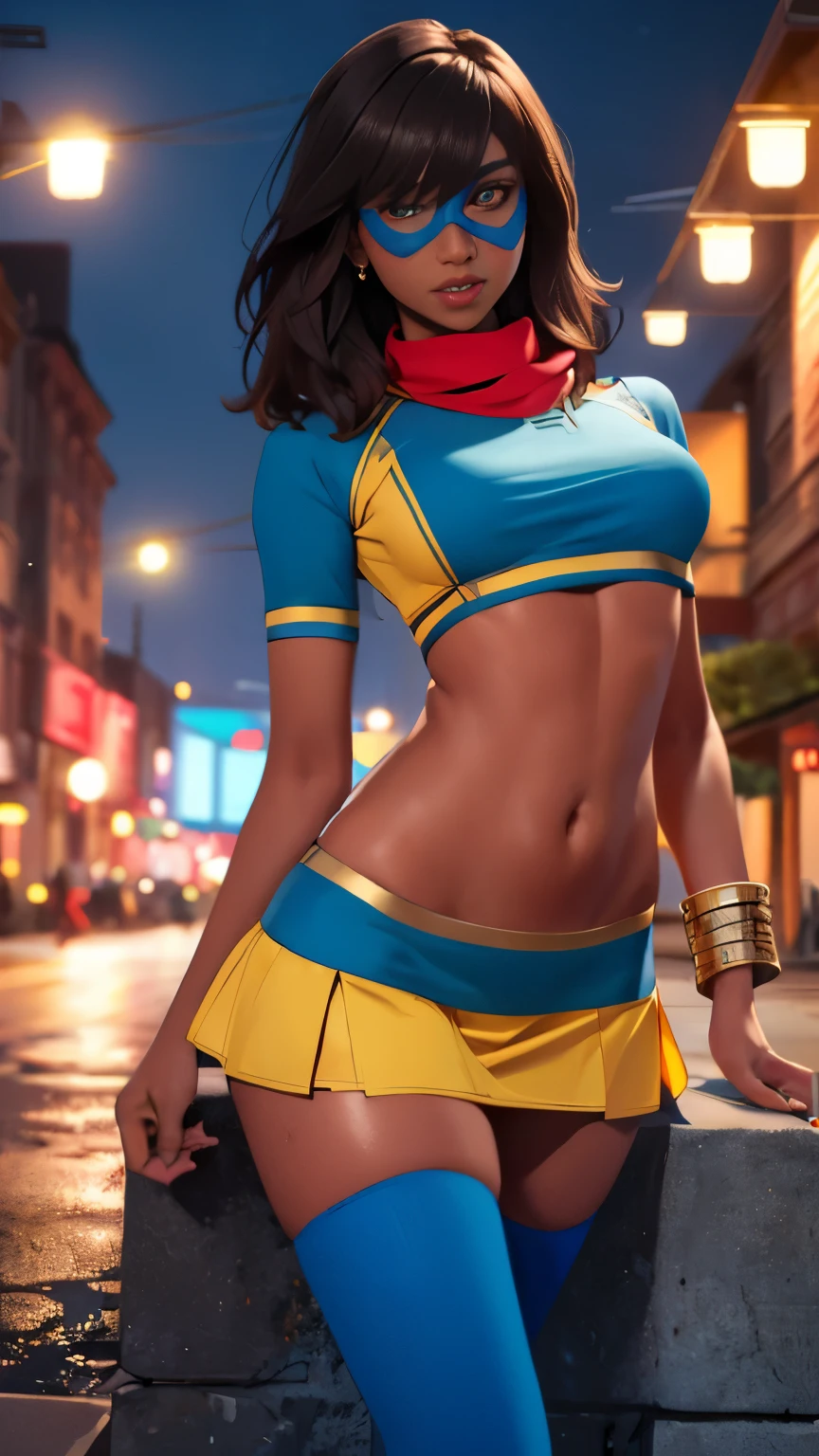 (Highly quality, masterpiece, detailed), night city detailed scenario, night city detailed background, solo, 20 years old, khamala, dark skin, brown eyes, dark brown hair, lips, blue domino mask, red scarf, blue crop top, red sleeves, gold trim, red loose socks, blue footwear, navel, blue small skirt, perfect face, beautiful eyes, looking at the viewer, Sexy pose