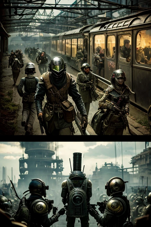 There are many people wearing helmets and people wearing helmets with gas masks., Dieselpunk Cyborg, Necro xiii, Symmetrical Dieselpunk Warriors, Necro iii, Necro borja, Machine Noir Dieselpunk Grimcore, Aztec Cyborg movie still, Necro, Highly detailed cgsociety, Robot Cyborg  