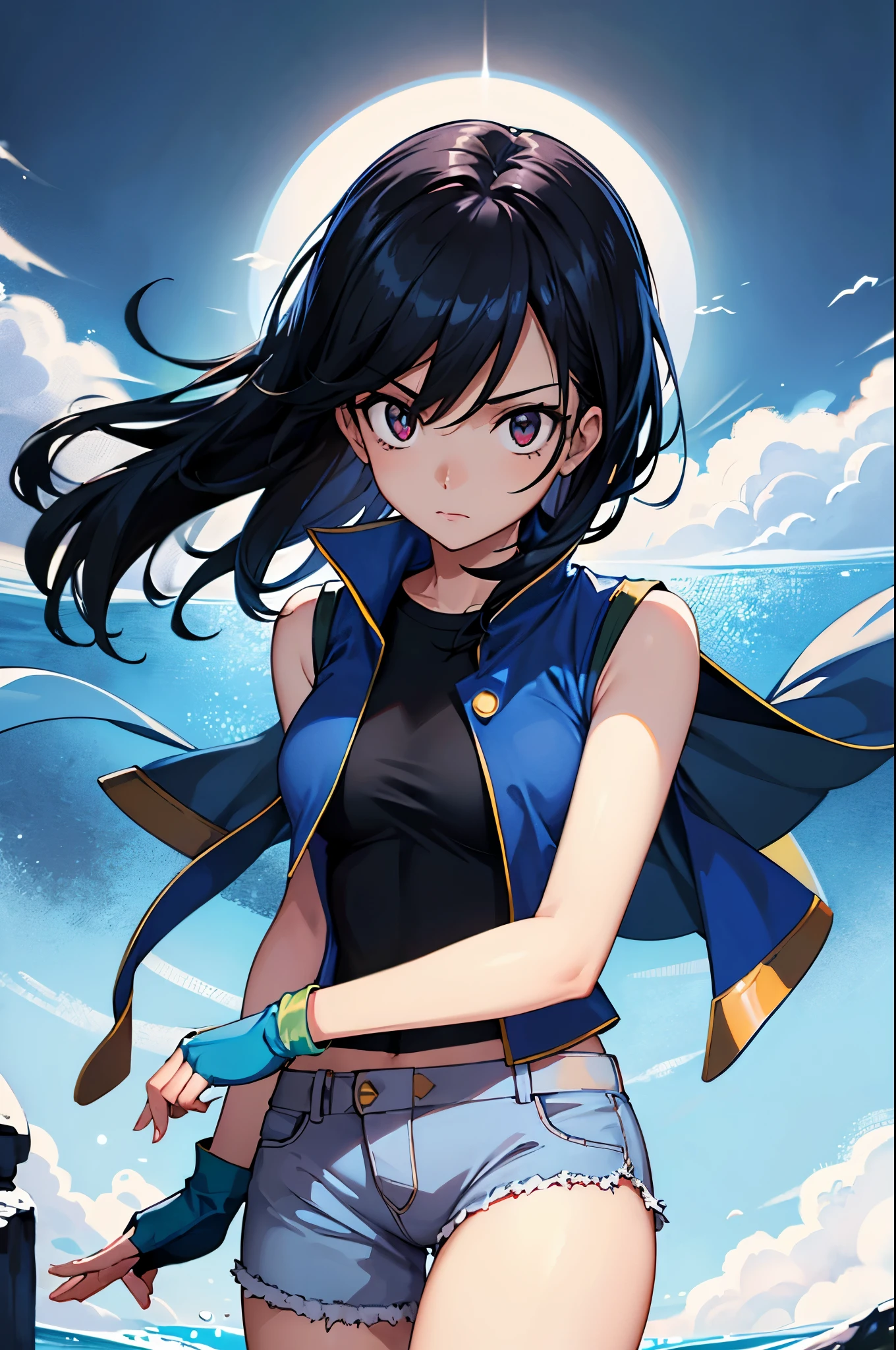 (masterpiece, best quality:1.2), expressive eyes, perfect face, highres, 1girl, solo, (female:1.5), OGAshK, blue jacket, sleeveless jacket, shirt, short sleeves, pants, fingerlss gloves, standing, upper body, looking at the viewer
