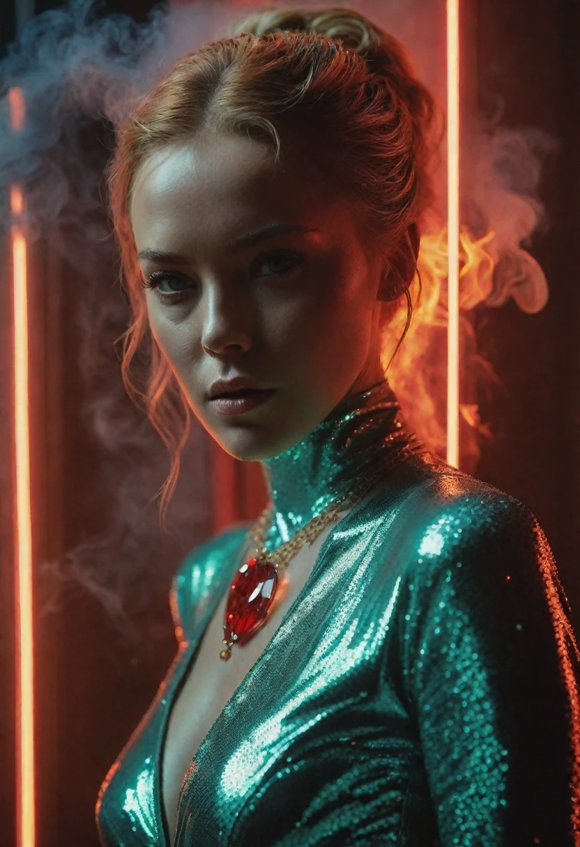 Horror movie photo poster dark and creepy, inferno ( 8k uhd, by Alessio Albi, dusty particles depth of field, a close up of a person wearing a necklace, escort fashion, pole dancer fashion, dark red light rays, shot on anamorphic lenses, photo of a model, 2007 blog, looks a bit similar to amy adams, kristanna loken, tom burke, translucent skin, circa 1970, feminine beautiful face, Dusty appearance, detailed, intricate, evening ambience), slippery, David Palumbo, Adam Martinakis, style Thomas Alen Koper, diffused light, chiaroscuro, HDR 8k, UHD, high quality, film grain, Fujifilm XT3 F/11 and ISO 100 shutter speed approximately 1/30 (deep focus), cinematic, volumetric lighting, 8K, perfect eyes, perfect pupils, expressive eyes, Albrecht Durer's hands, smoke, particle effects, fog, haze, fire, explosions, garbage, broken glass effect, no background, amazing, then, something that doesn't even exist, mythical creature, energy, molecular, textures, iridescent and luminescent colors, breathtaking beauty, pure perfection, divine presence, unforgettable, impressive, breathtaking beauty, volumetric light, auras, rays, reflection of vibrant colors