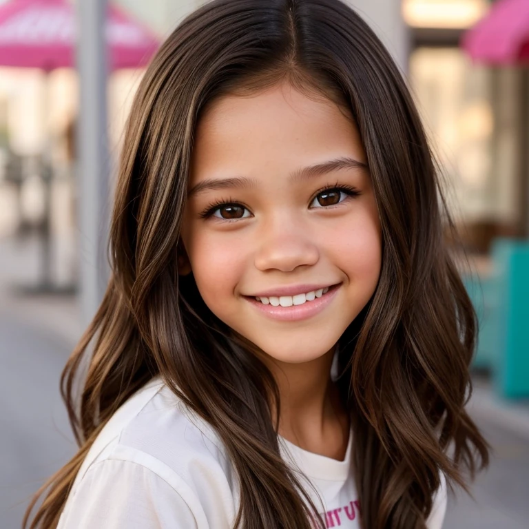Girl, beautiful, ager, brown hair, with the face of Jenna Ortega, beautiful smile