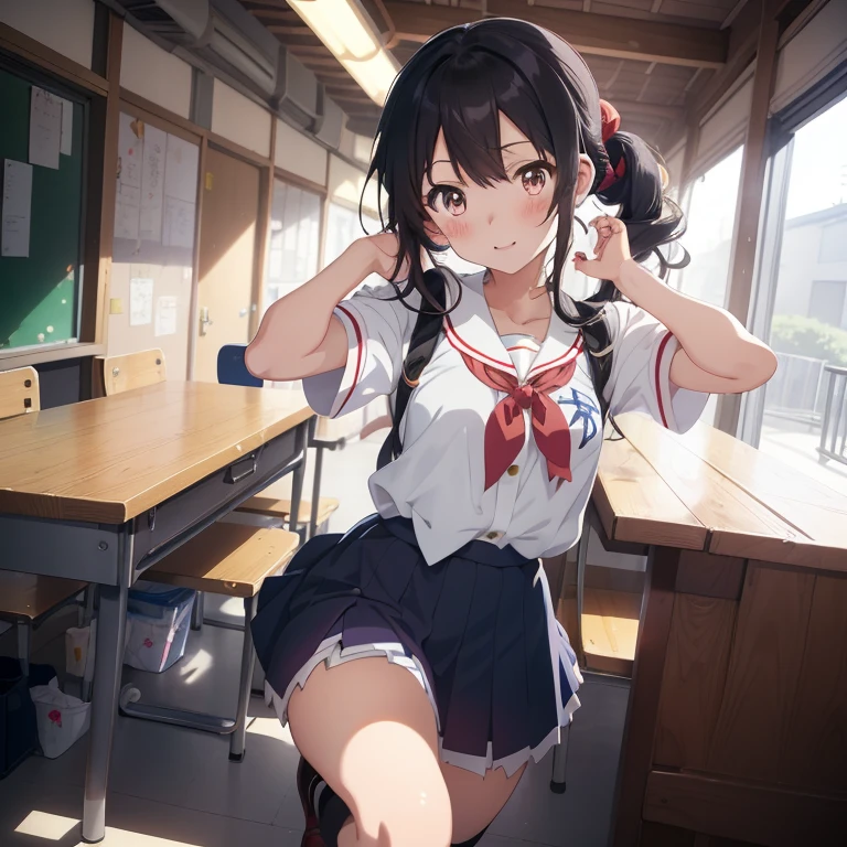 1 girl,Androgynous,two side up,big breast,black hair,red eyes,medium hair,sidelocks,Multicolored eyes,school,Gym Uniformgym shirt,masterpiece, best quality, very aesthetic, absurdres,(knees up)