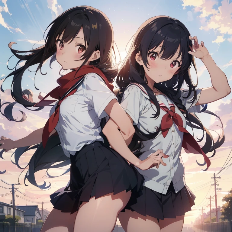 (anime girls in school uniforms posing for a picture, railgun-inspired scene, ecchi anime style, kantai collection-esque, kyoani-inspired, dynamic and playful poses, Side-angled shots, intricate school uniforms, denim skirts, white blouses, red scarves, a matured and cute expression, distinct blush, charming and flirtatious, in the style of Kyoto Animation, idol-like aesthetics, visual novel CG rendering, anime art, a-1 picture quality, vivid colors, sparkling eyes, anime!!!, anime!!!, shoujo manga dream).
(ecstatic and