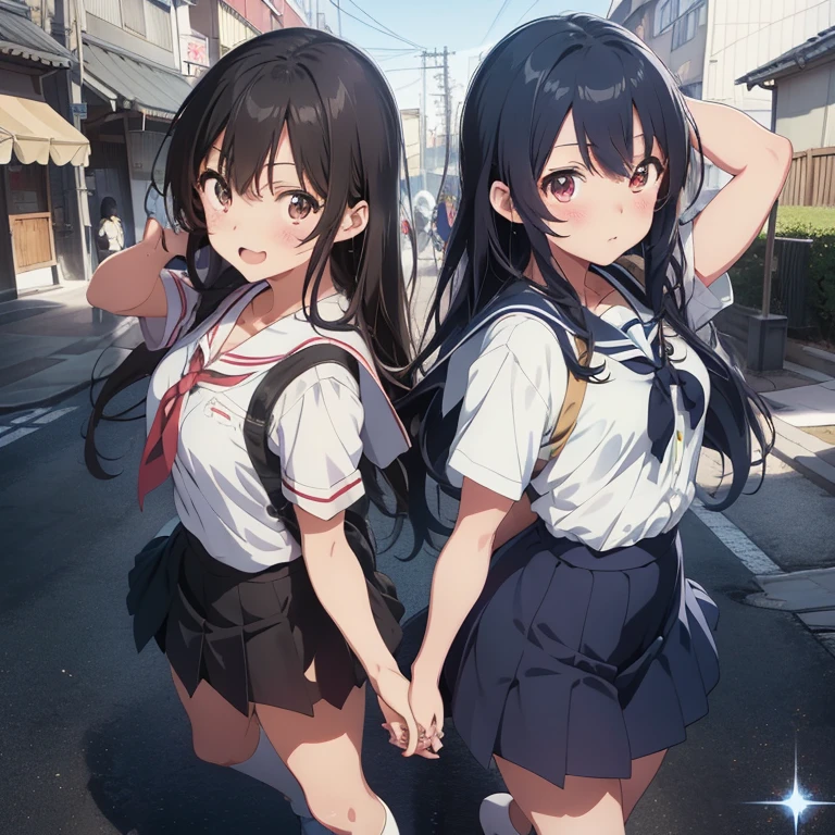 ((Illustration of two high school girls staring each other:1.37)), Yuri illustration, ((head to head:1.37, Put one's heads together)), anime style illustration, high resolution, ultra-detailed, (2girls:1.3), (Dynamic Pose):1.0 Breaks, (((Upper body image:1.37)), ((Detailed blue eyes:1.3)), (bokeh effects), (Dynamic Angle), One very beautiful and attractive anime wife in a gorgeous competitive dance hall, (Japan High School Girl Uniform:1.37), BREAK, (lower girl has a wavy twin-tailed hairstyle with brown hair, medium breasts⁩, slender, blush), (taller girl has black straight hair, big breast, slender, light smile, Happy), Wind, 8 life-size, detailed clothes, Detailed body, detailed arms, Human Hands, Detailed hand, Perfect nose, blush, light smile, Pink lip Gloss, sexy model posing, Floating hair, BREAK, Studio Soft Light, Cinematic Light, Gorgeous dancehall background:1.3, Detailed background, Realistic, Ultra-realistic, masterpiece, 32K ultra-clear images, Japanese anime waifu, Concept art by Kyoto Animation, By Shinkai Makoto,