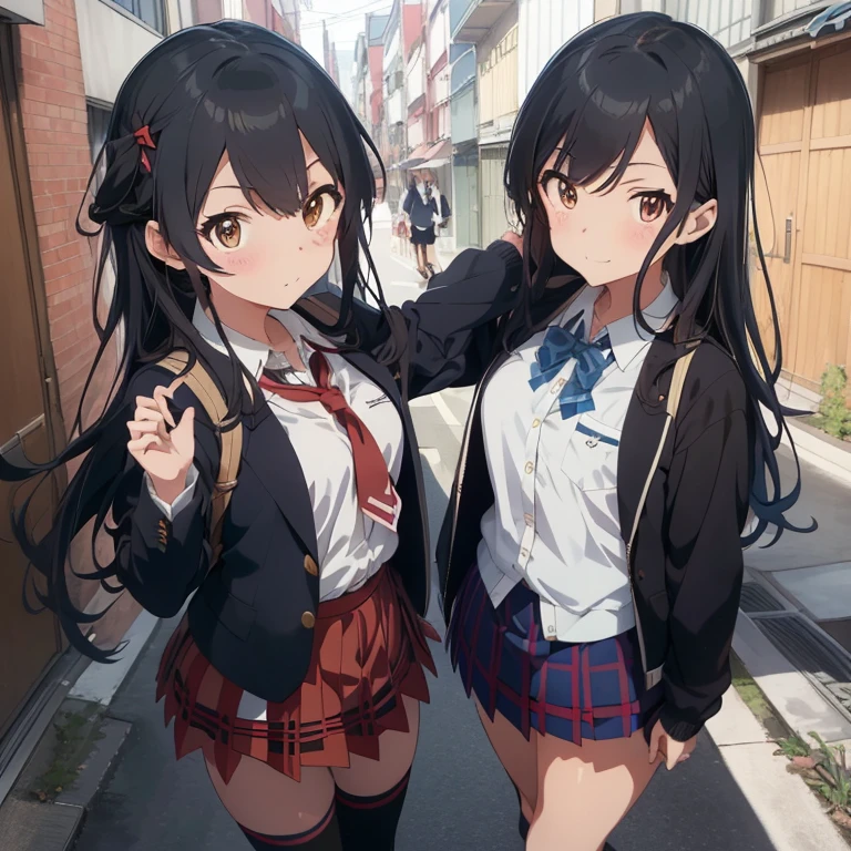 Anime girls in school uniforms posing for a picture,\,((((masuter piece, Best Quality, Ultra-detailed)))),,\,A collection of vibrant and enchanting characters,\,1.2 girls in,\,\,Silky school uniforms,\,\,((Blue blazers and plaid skirts), (White collars and knee socks)),\,\,Smiling and playful expressions,\,\,((Ecchi anime style, Kantai Collection style)),\,\,Inspired by the artistic vision of Narashige Koide,\,\,Figuration libre,\,\,Aesthetic and enthralling,\,\,((Railgun, Idolmaster)),\,\,Kyoto Animation's masterful touch