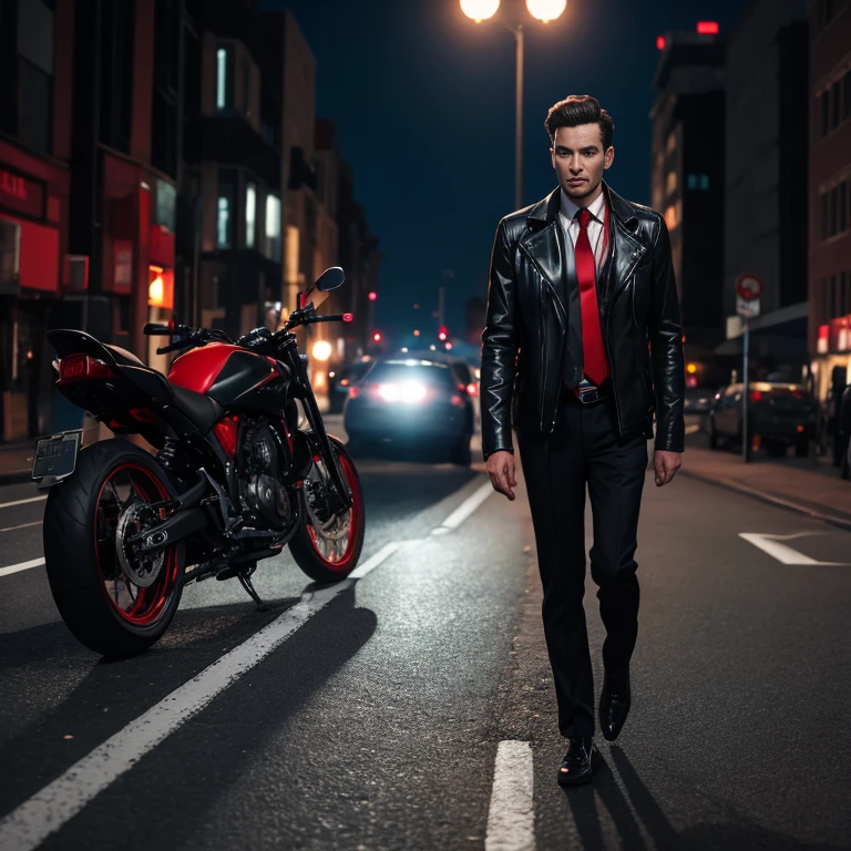 The man looked straight at me.,On the road at night, Outfit: sleek black leather jacket and red tie., Shot with a high quality camera with 45000000000 pixels..