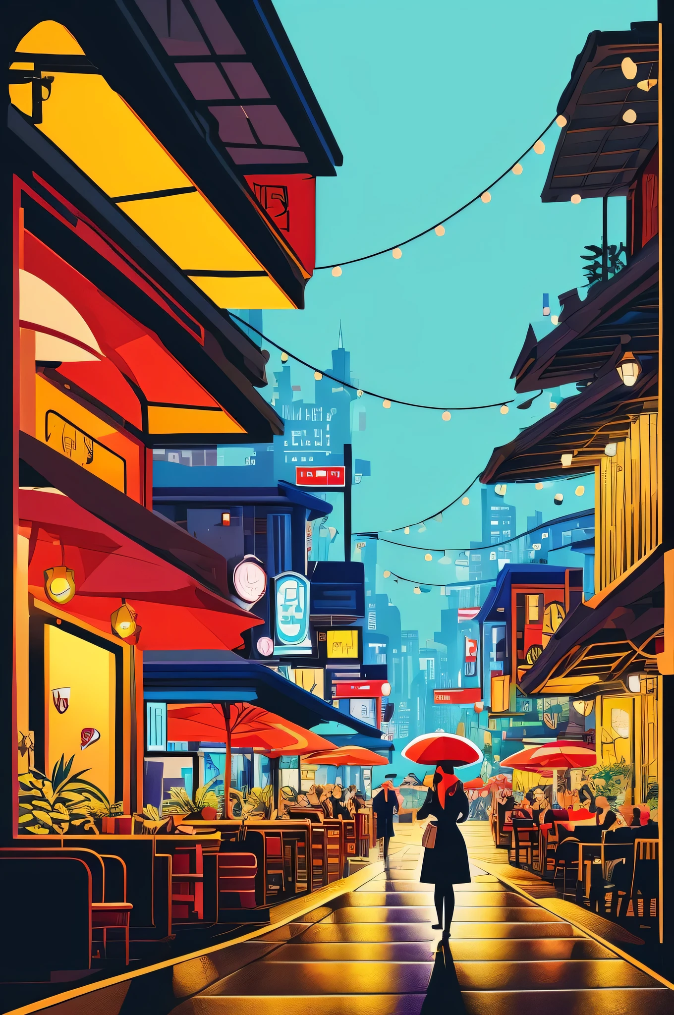 illustration of a woman standing in front of a restaurant with tables and umbrellas, in style of digital illustration, inspired by Tomer Hanuka, inspired by Tim Doyle, highly detailed vector art, martin ansin, in style of laurie greasley, poster illustration, laurie greasley, martin ansin artwork portrait, by Tomer Hanuka, urban girl fanart, back, red