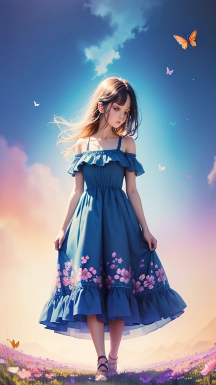 Create the image of a girl, blue dress, artistic style, watercolor, butterflies, blooming flowers, bright colors, atmospheric, touching, full body, organic composition