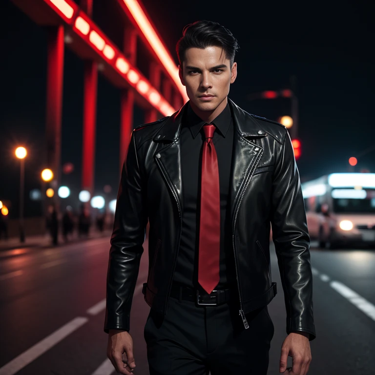 The man looked straight at me.,On the road at night, Outfit: sleek black leather jacket and red tie., Shot with a high quality camera with 45000000000 pixels..
