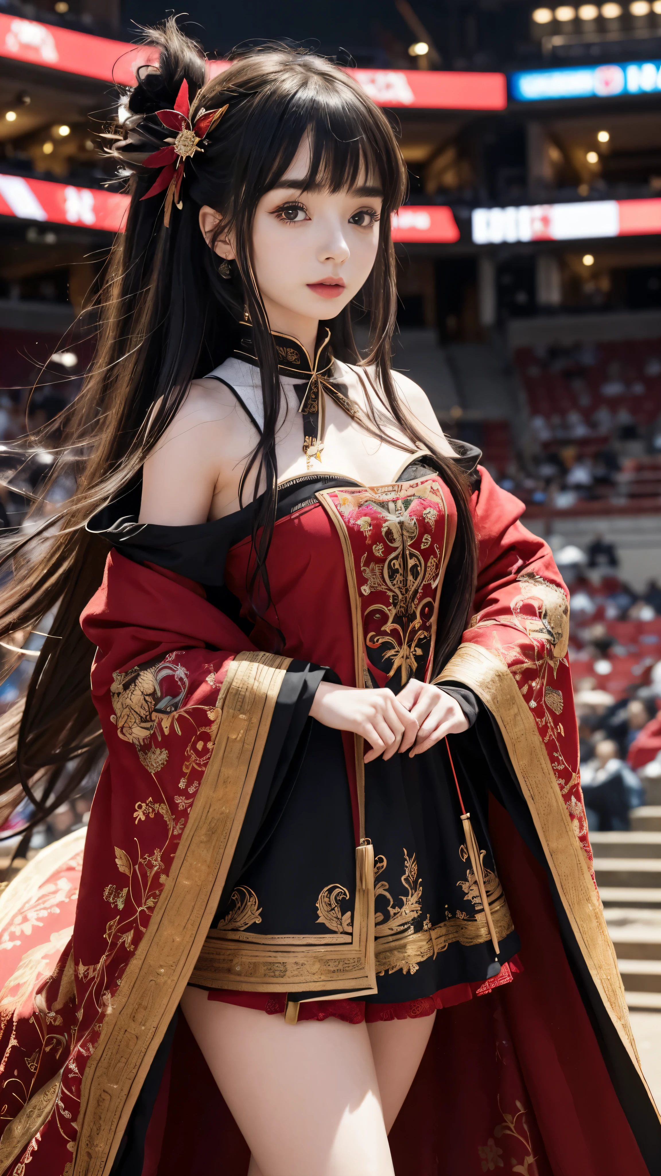 Citemer LiuによるHDアート: Lily Collins is、Her raven-black curls hang down over her shoulders.、Wearing an intricately embroidered red hoodie。She is dressed in medieval attire, her dress flowing gracefully.、Stride towards the arena with bow and arrow in hand。The illustration is、From layered fabrics to authentic stitching、It captures the details of her outfit.。This scene、HD art brings out rich colors and textures、It exudes a vibrant and smooth aesthetic.。The arena was filled with spectator seats.、Its wooden structure is meticulously rendered、The enthusiastic audience stared intently、Its eyes are reflective