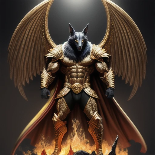(high quality), photorealistic, (oil painting) jewelry, (solo), (dynamic pose), towards right, ((hell gate)), fire, hell landscape, (the underworld), (dark landscape), anubis, egyptian jackal headed god, anthro, muscular, (holding golden scales), dynamic pose, cinematic, dramatic camera angle, golden armor:0.25, black & gold cape, (good anatomy), (good proportions), award winning, masterpiece, centered, no pants