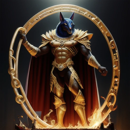 (high resolution), ((intricate details)), (Masterpiece), (((HD))), HDR, a close up of a 3D character in a costume, muscular Anubis , portrait of Anubis , CHACAL BLUE EYES, ((dark satin cape)) , black and gold shiny armor, round blue gem at chest plate, varguyart style, faired skin, brown skin, shiny egyptian armor, metallic bronze skin, tane skin, anubis, ((COTON PANTS with golden details)), focused, defined