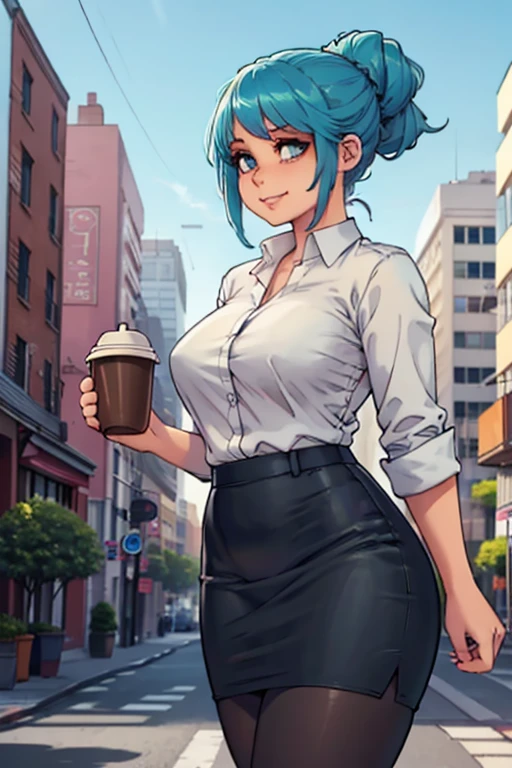 art by kipteitei, 1girl, aqua blue hair, hair up, blue eyes, black pencil skirt, dress shirt, black tights, happy expression, tight clothes, (((skinny))), ((holding coffee)), walking with confidence, city background with lots of trees and buildings, (cowboy shot), (best quality, masterpiece)
